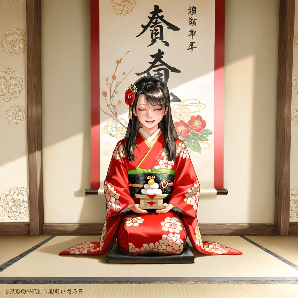 Prompt:
Style:
(highest quality, masterpiece), (photorealistic),
Character:
a cute young woman, kneeling in seiza position, in a traditional Japanese room,
Clothing:
wearing a beautiful red kimono with intricate floral patterns,
Action:
performing a New Year's greeting with her hands gently placed on her knees,
Background:
tokonoma (Japanese alcove) decorated for the New Year with kagami mochi, a hanging scroll featuring New Year calligraphy, vibrant seasonal flowers, traditional elements,
Atmosphere:
serene, elegant, festive, capturing traditional Japanese aesthetics, New Year celebration.