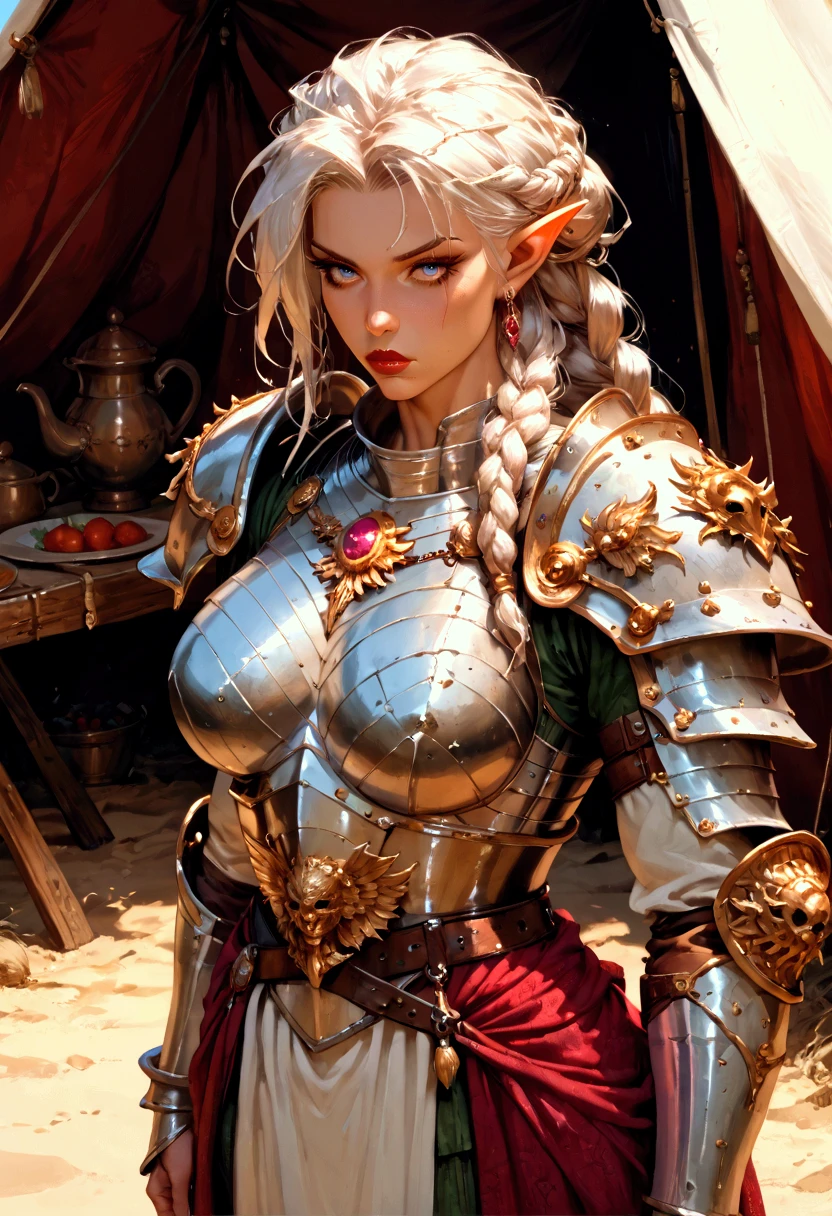 score_9, score_8_up, score_7_up, score_6_up, score_5_up, score_4_up, fantasy, (mature), (1girl), ((solo)), sharp face, elf, relaxing in her tent, hair long braid, strong, piercing eyes, voluptous, big breasts, high details, best quality, masterpiece, best quality, (extremely detailed), view from above, plate armor, standing victoriously, grasping two-handed sword, belts, knight, frowning, ((view from above)), powerful, bags under eyes, long lashes and lipstick, muscular, big breasts, ((thin waist)), (muscular), plate armor, chainmail, evil