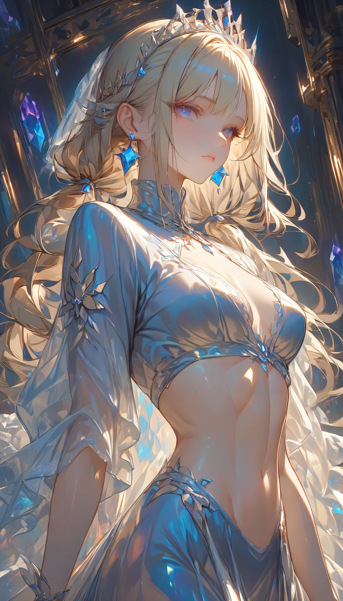 ((masterpiece)), (textured skin), ((high details)), best quality, award winning, 8k, beautiful woman, silk dress, Noble, princess, queen, blonde, half updo, hair flaps, jewelry tiara, crystal earrings, Sharp focus A beautiful woman with perfect body, Slim abdomen, light brown hair, shiny hair, low twintails