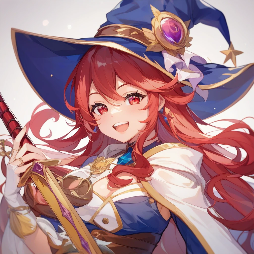 、Petite、 Sword of Fire、witch帽子、Three-cornered hat、The Wizard of the Journey 、witch、 Fire Magic、 mysterious in another dimension、 1 girl、 cute、 fantasy background、Overall bright、Double teeth、 top quality、 red eyes、Red Hair、 long haired girl seems happy 、 has long eyelashes、 top quality、 character design