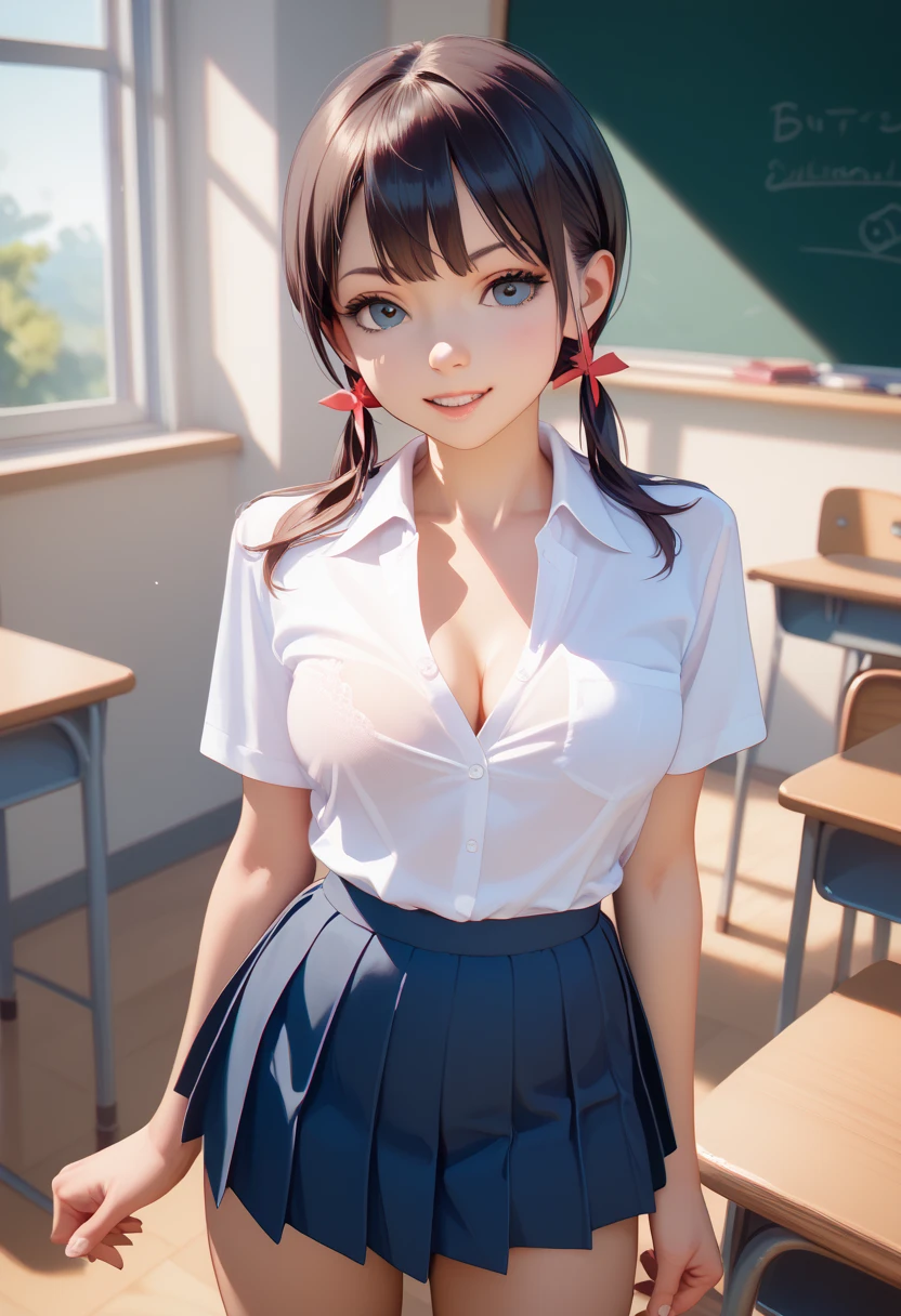 One beautiful girl, ,  College Student ,  normal sized breasts,  school uniform,  Low Short Twin Tails ,  slender:2.0, Petite body,  high image quality,  detailed face ,  cute:2.0, Dark Classroom,  seducing , It shows off the bulge of the chest, Mischievous expression, 