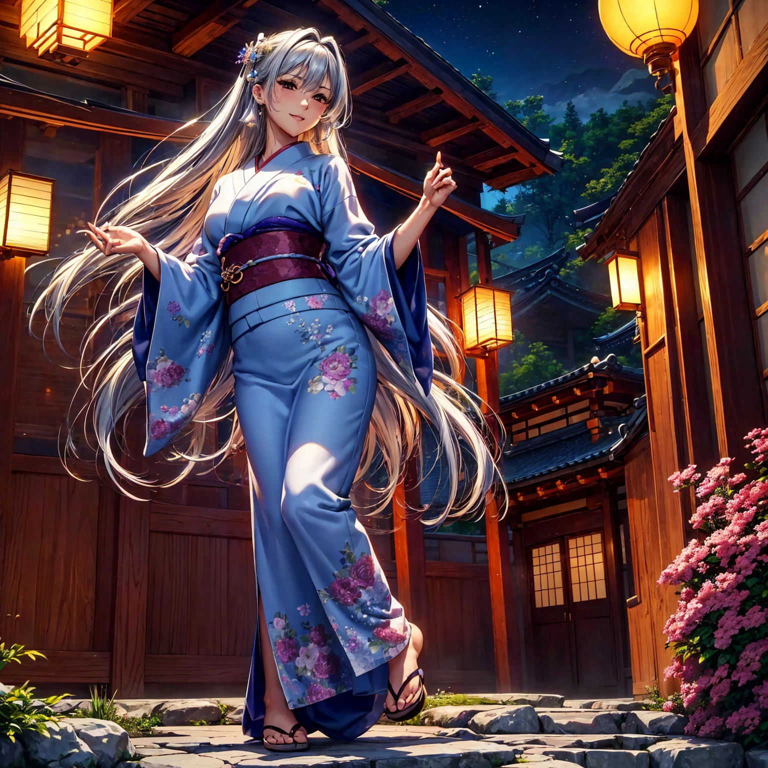 ((( top quality)))、((('s greatest masterpiece)))、Beauty Painting、 8k 、 Ultra High Quality、 perfect anatomy, 1 Female:Age 18、  BEAUTIFUL SLANDER BODY、 beautiful medium breasts、  beautiful faces:smile、 Silver Hair、 best skin and hair texture  、 wearing a beautiful floral kimono、(Beautiful Japanese Garden、Night sky and moon、The lantern lights up )、  the wind is blowing、 movie lights,  High Res Images、 Overall view of the body 、