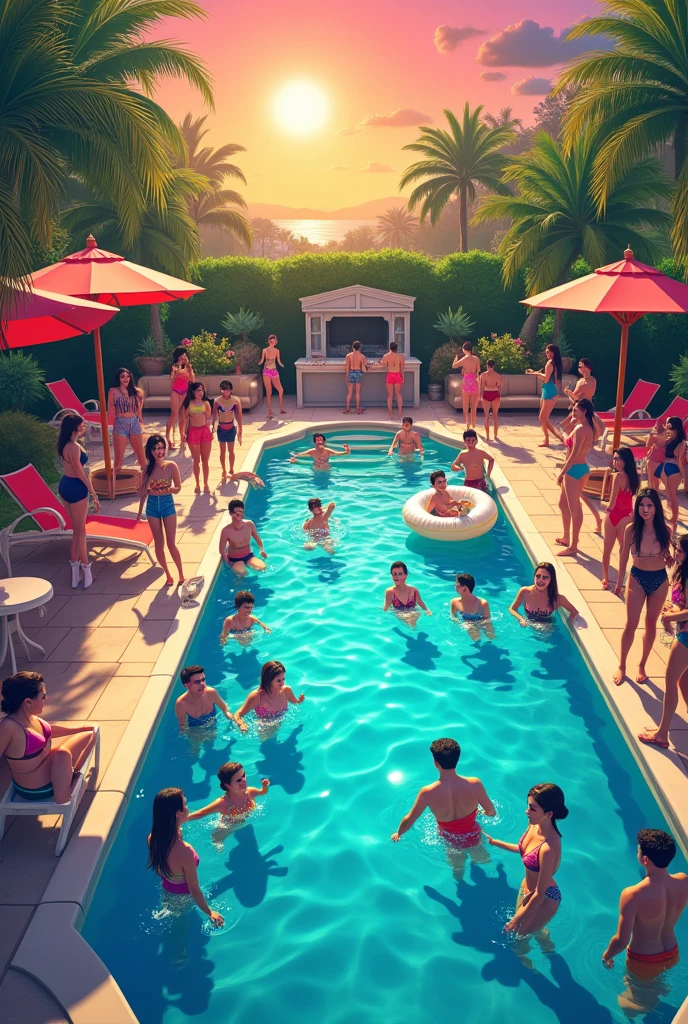 (Pool parties), Pixar style, Water splashes in the pool, people playing in the water, music DJ playing dynamic music, cocktails and beach chairs by the pool, full body, (Photography), panoramic view, award-winning, cinematic still, emotional, vignette, dynamic, vivid, (masterpiece, best quality, Professional, perfect composition, very aesthetic, absurdres, ultra-detailed, intricate details:1.3)