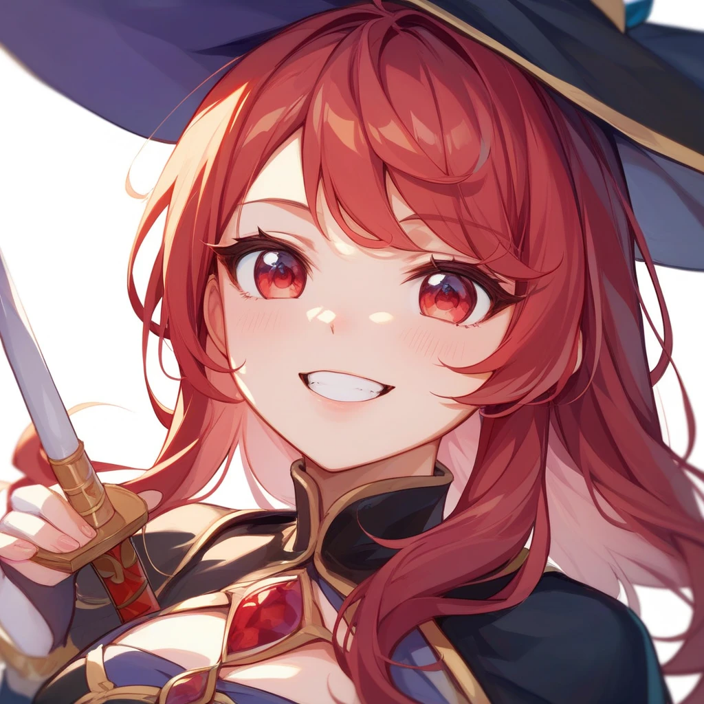 、Petite、 Sword of Fire、Sweep away、witch帽子、Three-cornered hat、The Wizard of the Journey 、witch、 Fire Magic、 1 girl、 cute、 fantasy background、Overall bright、Double teeth、 top quality、 red eyes、Red Hair、 has long eyelashes、 top quality、 character design