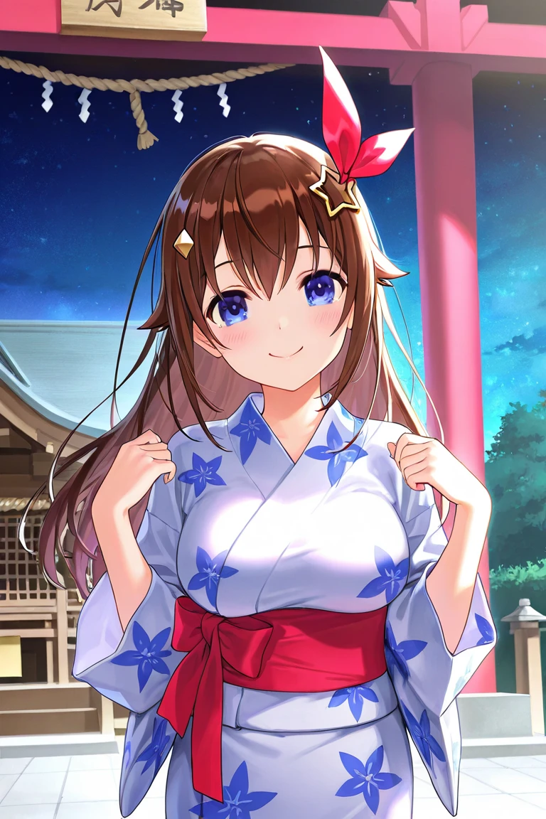 POV,from above,masterpiece,Japanese anime style,Beautiful girl with long straight reddish brown hair and blue eyes,Petite and cute figure,Medium breasts,beautiful face,Smile,Walking by the lake at night, Wearing strapless gorgeous Hanfu and black pantyhose,The breeze blew her face,petals falling from the sky,The skirt flutters,Elegant picture
