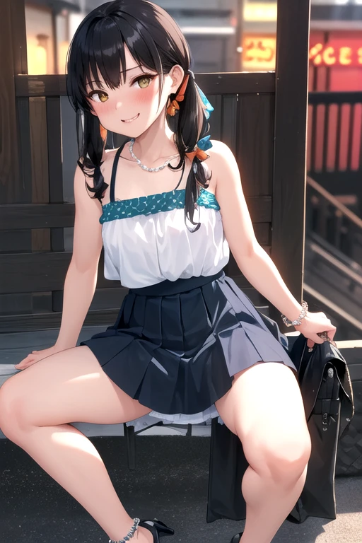 (maximum resolution: 1.2), (ultra high definition:1.2), cinema light, 8K resolution, fine eyes and skin, detailed face, perfect style, cute face, Accurate, anatomically correct, Highly detailed face and skin texture, beautiful and meticulous droopy eyes, (black hair:1.5), long hair, parted bangs, blue eyes, (white hairband:1.5), (long sleeves patternless dark cyan shirt:1.5), (micro skirt:1.5), (tights:1.2), (boots:1.5), 1 natural cheek, shiny skin, Fair skin, Glossy skin: 1.2, (glossy lips: 1.4), (embarrassed look: 1.2), 17 year old woman, (highest quality:1.2), cinematic lighting, perfect style, beautiful face, blush, glare, embarrassing, (smile:1.2), (nipples:1.5), (cameltoe:1.5), (fascinating body:1.2), bare navel, long shot, (outdoor:1.5), from below
