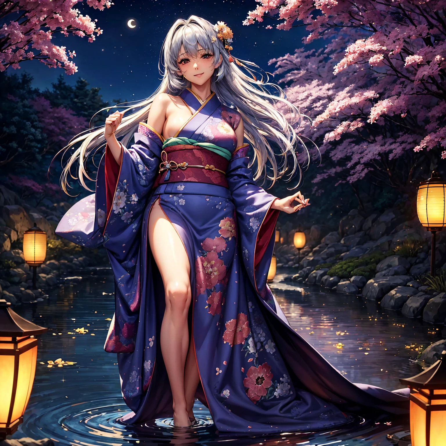 Absurdity, High Resolution, (Close-up:1.4), Side View,Upper Body,1 Girl,Glowing Hair, Glowing Purple Eyes,Fractal Art, Cleavage,(Colorful, Saturation:1.3), Beautiful Landscape, (Full Body:1.3), (Beautiful Face:1.5), (1 Girl), (Solo), (Petite,23 years old: 1.5), Dynamic Angle,purple eyes, gray hair, long hair, straight hair, Side Brandt Bangs, Japanese style, Japanese clothes, beautiful detail eyes, red higan flowers, (photorealistic, hyperrealistic: 1.5), tabi socks, obi, floral pattern, floral pattern kimono,