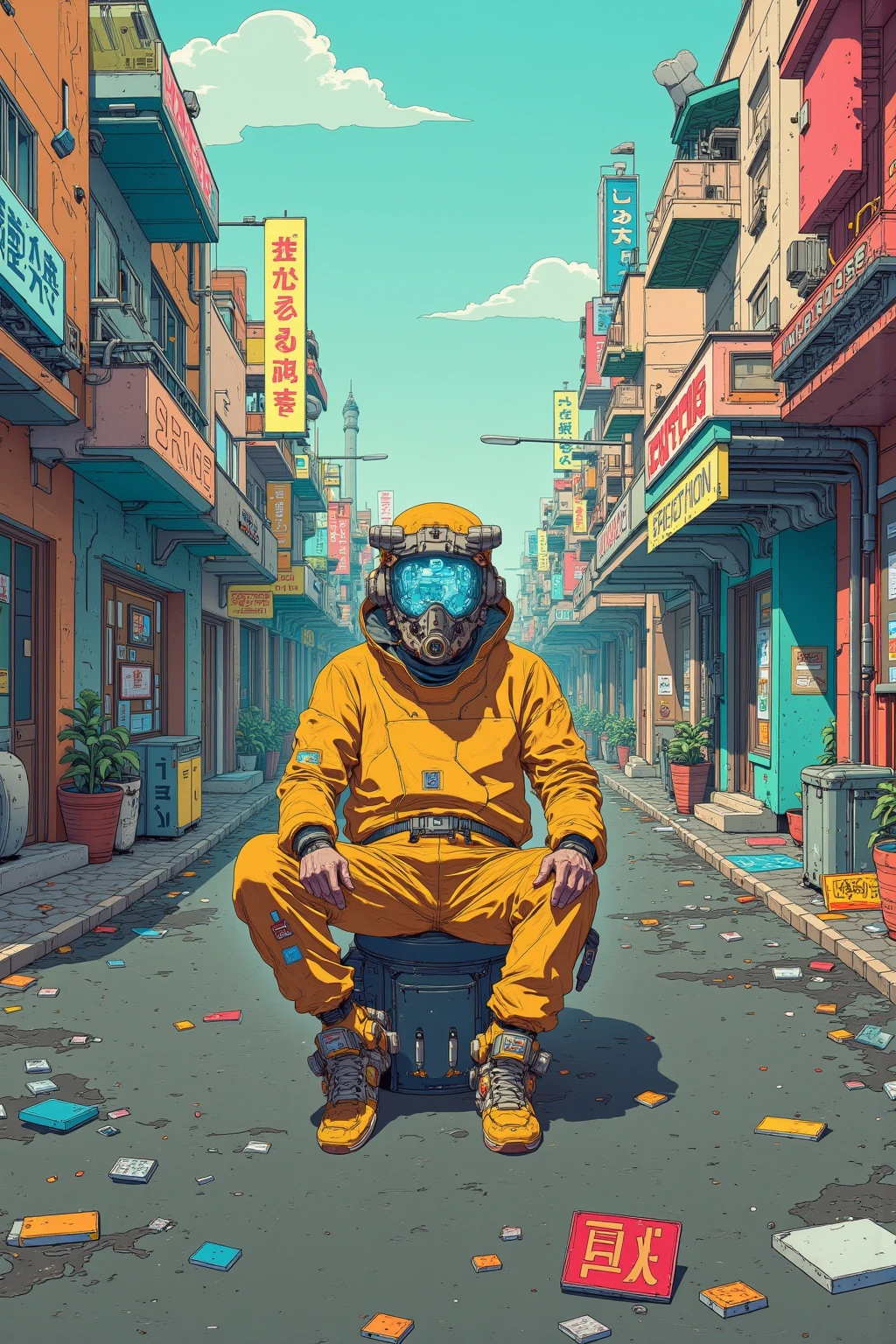   strange town street,A crazy man wearing clothes designed to look like a protective suit is sitting,Ultra-realistic composition ,   surreal style  ,  neo-surrealistic    .     digital art   , surrealistic     digital art   work,   Surreal Scene  ,   surreal photography  , surreal 3 d render,   Surrealist Conceptual Art    ,   Dreamy Art  ,   surreal photography  graphy,   surrealist photography  ,  items floating in the air  、lots of items , ultra high resolution ,   very detailed,Hyacinth,vapor,junk, Wide Angle Shot ,  Proximity Method, Strange 80s Style Synthwave , Synthwave City, Synth Wave Style , Miami Synthwave , Synthwave Art Style from a 2009 SF8K movie, cyberpunk atmosphere , Spectacular Retrowave Art