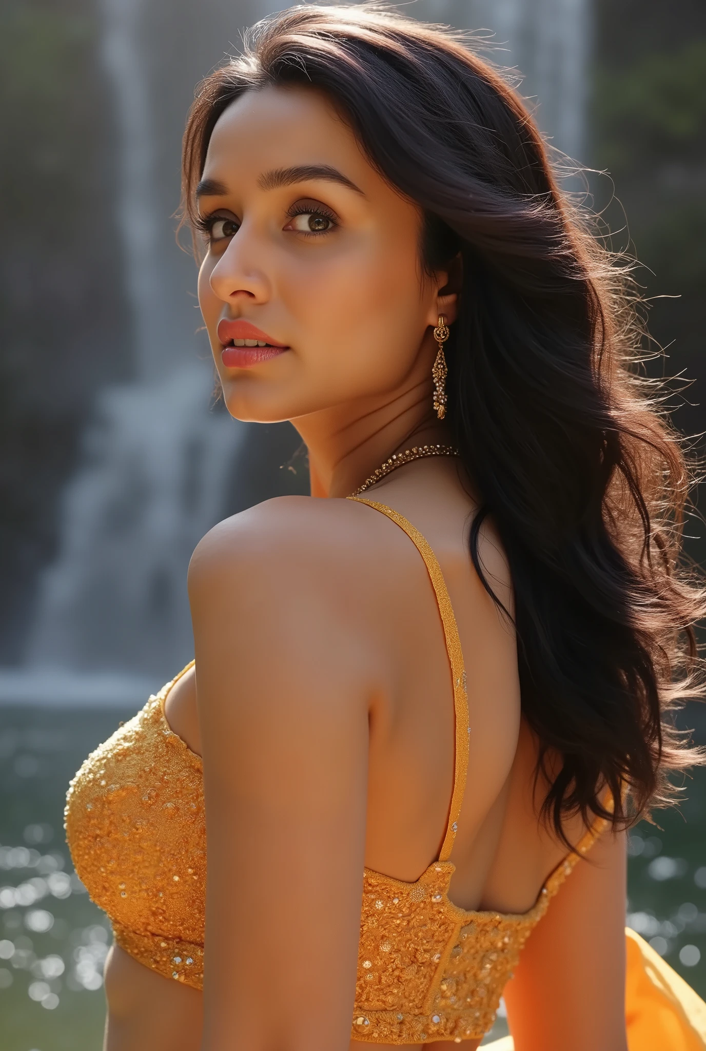 from bottom view, extreme close up photo of naked shraddha kapoor, big cheeks, curvy, hourglass figure, swooping breasts, deep cleavage, open arms, sexy armpits, standing near waterfall and having sex with big penis with wide open spread legs, wavy loose hair, (cinematic:1.3), intricate details, (ArtStation:1.2)