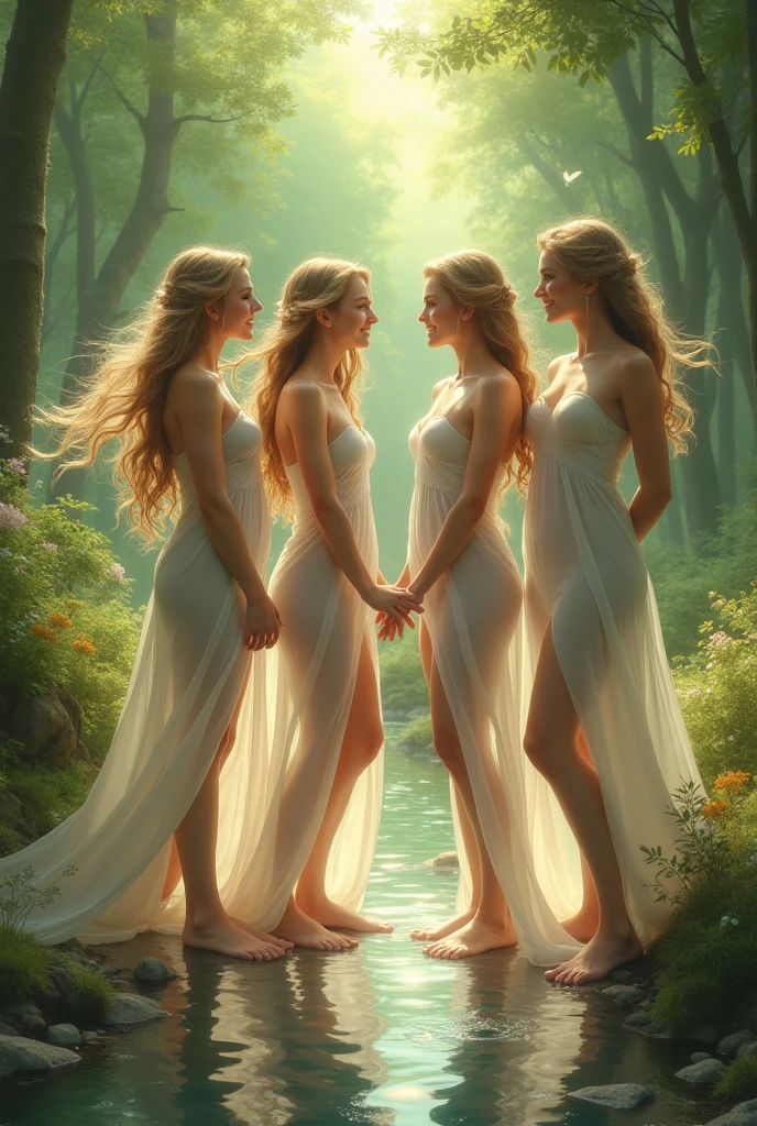 a group of nude women embracing in a forest clearing, their bodies entwined as they gaze up at the stars, distant full body view, masterpiece, photorealistic, highly detailed, dramatic lighting, cinematic composition, ethereal, romantic, natural environment, lush foliage, dappled moonlight, glowing skin, intricate details, chiaroscuro, atmospheric, divine feminine, spiritual, mystical