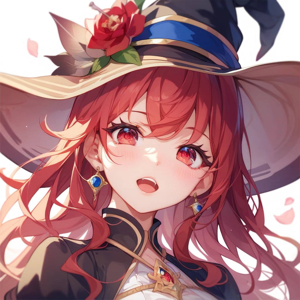 、Petite、 Sword of Fire、witch帽子、Three-cornered hat、The Wizard of the Journey 、witch、 1 girl、 cute、 fantasy background、Overall bright、Double teeth、 top quality、 red eyes、Red Hair、 has long eyelashes、 top quality