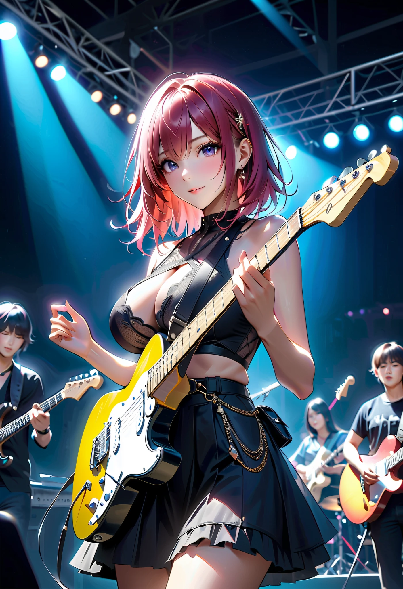 (masterpiece:1.3), (8K, Realistic, RAW Photos, Best image quality: 1.4), Realistic, CG illustration, Raw photoのような, guitarist, Girl in a girl band, Big Breasts, A high-end electric guitar like the product image, Detailed and precise hand, Charm, anatomically correct whole body, Worldwide rock festival, cool & beauty, ((Playing the guitar in the midsummer sunshine)), Accurate and fast action, Full of energy, Shake your head back and forth, Adult charm, loooking at viewer, Engage your audience, Live a colorful life, Guitar performance captivates the audience, Accurate and fast finger movements, BREAK (An outdoor stage at night where the subject stands out), Dramatic studio lighting that draws your subject in, Dynamic shot from below, Dynamic composition, Sharp focus, Sharpness, Detailed and clear depiction, Detailed and intricate brushwork, Very clear, Absurd aesthetics, Surrealism, Luxury Art, (Very clearな full color), Realistic photos, Raw photo, Absurd aesthetics,