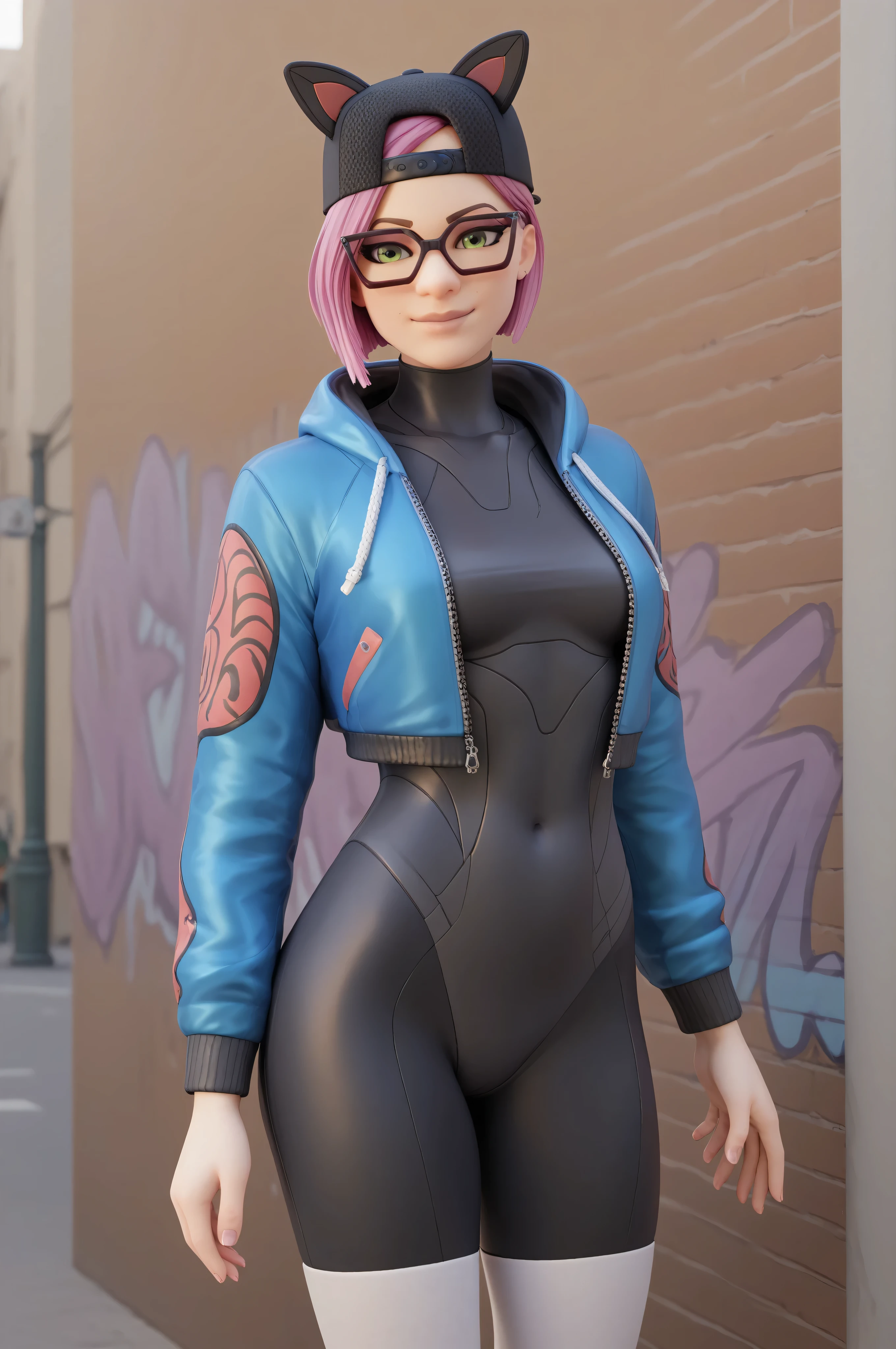score_9, score_8_up, score_7_up, score_6_up, 3d,
L7NX, black hat, animal ears, fake animal ears, short hair, pink hair, glasses, black framed eyewear, green eyes,
blue jacket, black bodysuit, black leggings, white thighhighs,
standing, medium breasts, seductive smile, closed mouth, eyelashes, posing like a model, sexy, seductive pose, suggestive pose,
street background with deep depth of field, graffiti on wall, highly colorful and vibrant graffiti, numerous intricate tags and designs, distant buildings and street elements in background adding depth and realism, colored graffiti,