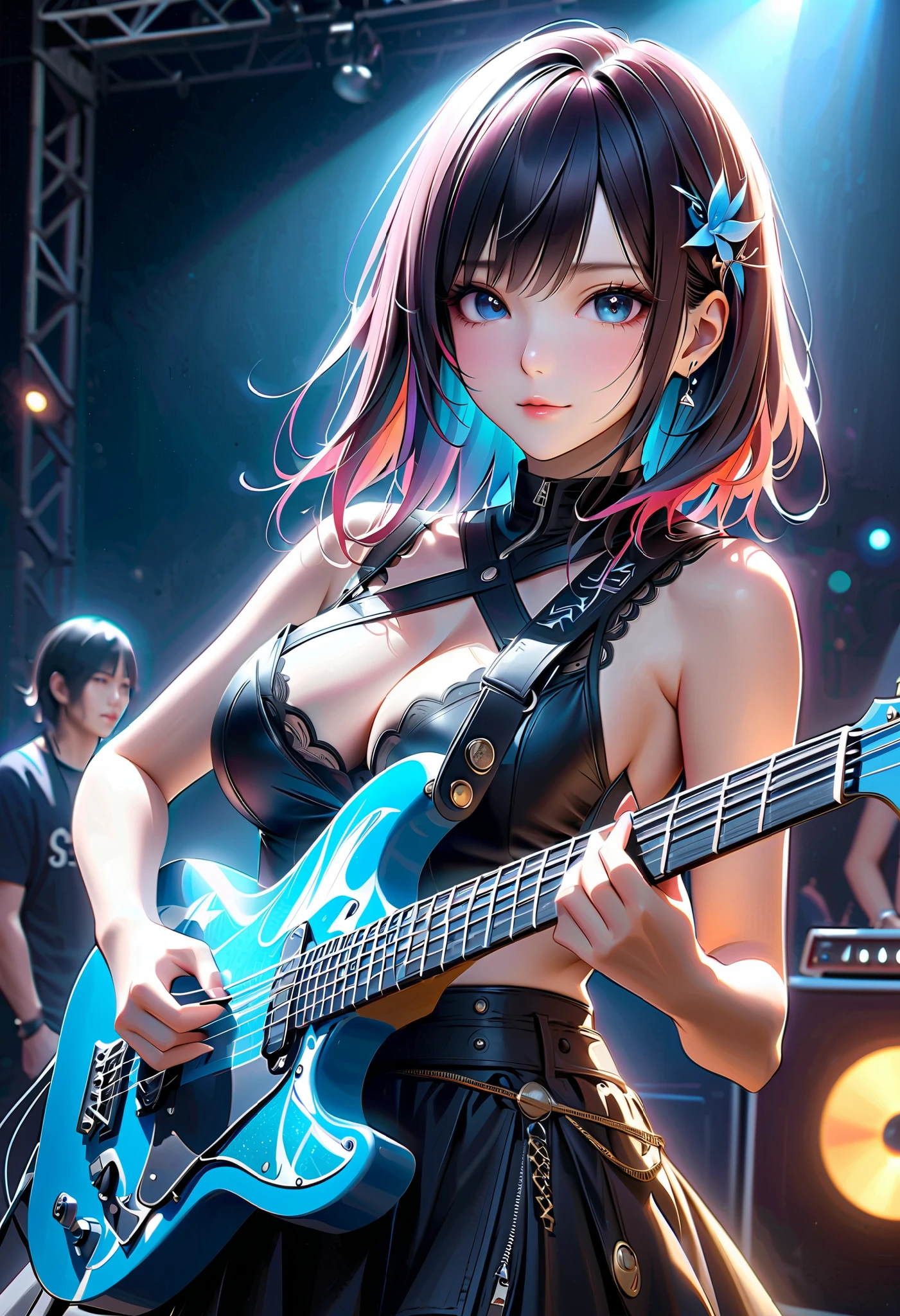 (masterpiece:1.3), (8K, Realistic, RAW Photos, Best image quality: 1.4), Realistic, CG illustration, Raw photoのような, guitarist, Girl in a girl band, Big Breasts, A high-end electric guitar like the product image, Detailed and precise hand, Charm, anatomically correct whole body, Worldwide rock festival, cool & beauty, ((Playing the guitar in the midsummer sunshine)), Accurate and fast action, Full of energy, Shake your head back and forth, Adult charm, loooking at viewer, Engage your audience, Live a colorful life, Guitar performance captivates the audience, Accurate and fast finger movements, BREAK (An outdoor stage at night where the subject stands out), Dramatic studio lighting that draws your subject in, Dynamic shot from below, Dynamic composition, Sharp focus, Sharpness, Detailed and clear depiction, Detailed and intricate brushwork, Very clear, Absurd aesthetics, Surrealism, Luxury Art, (Very clearな full color), Realistic photos, Raw photo, Absurd aesthetics,