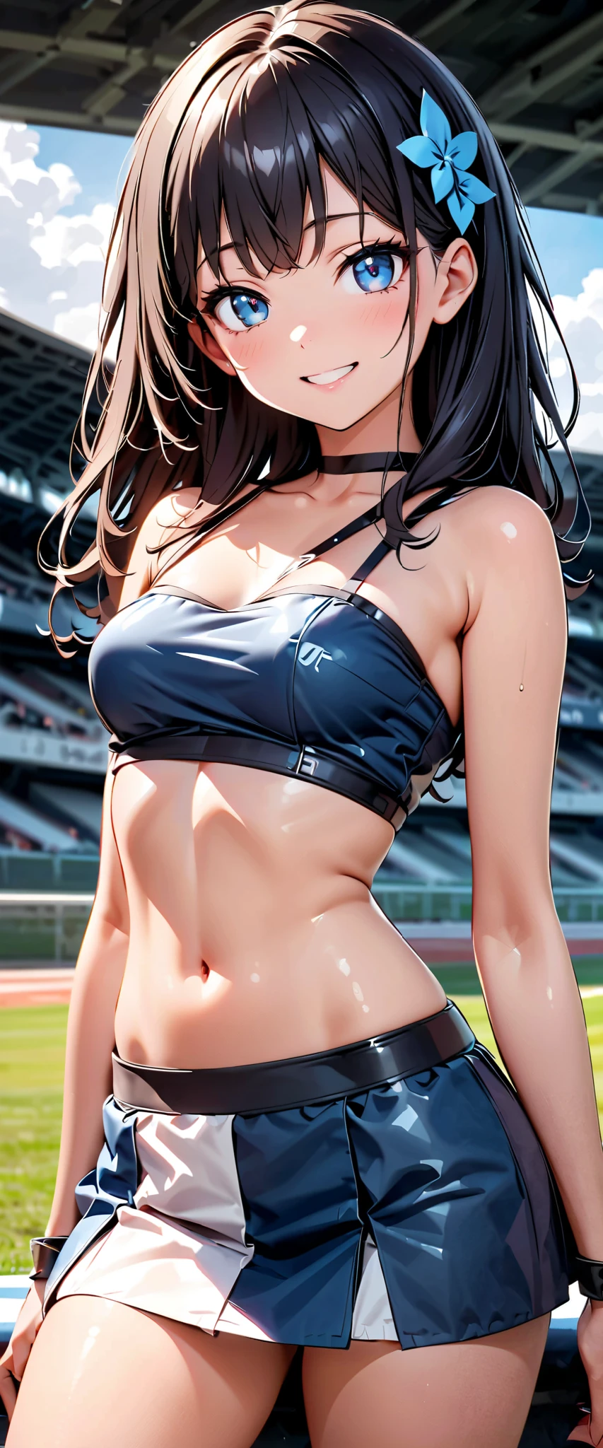 Highest quality,Highest Resolution,(((Many smiling pretty girls holding drinks in their hands))),Gymnastics,High leg bloomers,Outdoor stadium,Black hair ponytail,sweat profusely,illumination,Very beautiful eyes,(((See-through black underwear))),whole body,Flowing sweat,Belly button,Abdominal muscles,sunny,Sunshine,mirage,Big Tits,