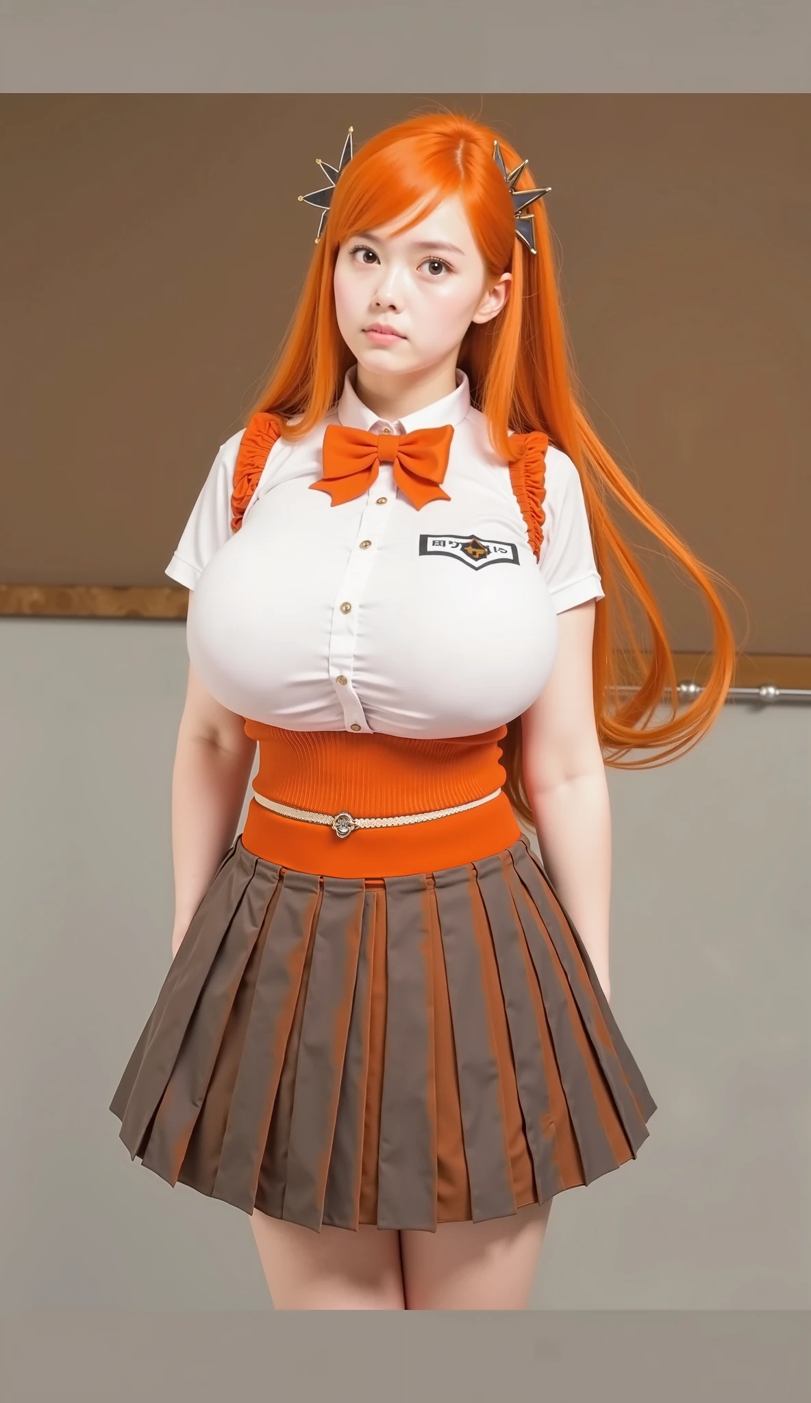(Sexy) busty girl wearing (huge diaper) under her skirt, school room, mommydom, (latex)
