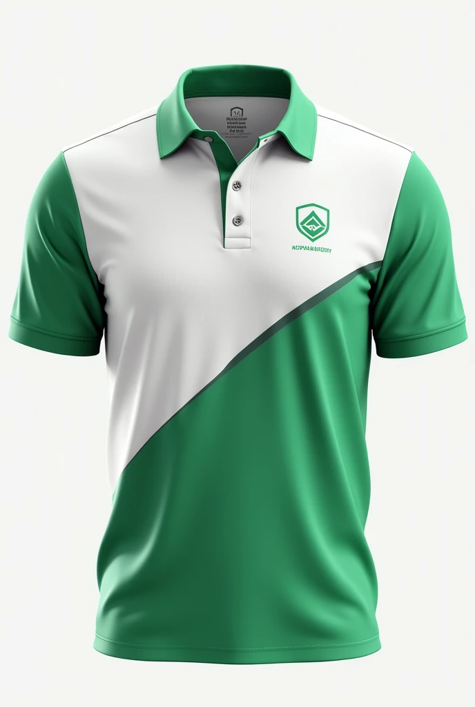 White and green short sleeve polo shirt with pocket and vertical curved lines design