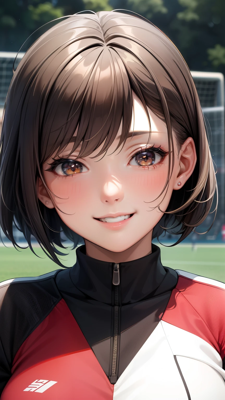 ((highest quality, High resolution, perfect pixel, Depth of written boundary, 8K)), 1 girl, university student, beautiful girl, ((brown hair,short hair, curly hair:0.8)), ((red eyes:1.4, beautiful eyelashes, realistic eyes)), (detailed face, blush:1.4), smile, ((smooth texture:0.75, realistic texture:0.65)), sweaty skin:1.3, medium breasts, perfect body, toned stomach, (separate uniform), Athletics part, hostel, approach your lover