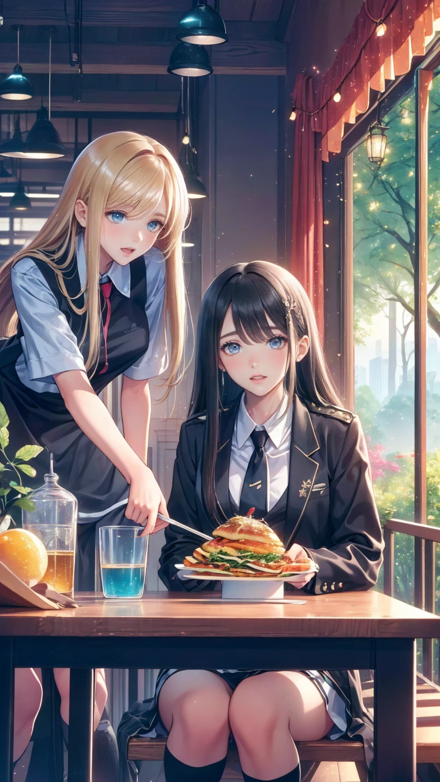  anime style . Landscape images. School cafeteria. Blonde、 long haired and blue-eyed girl without bangs、 wear a uniform、She （ is having a meal with her dark-haired girlfriend ） in the cafeteria .  is arguing about something 
