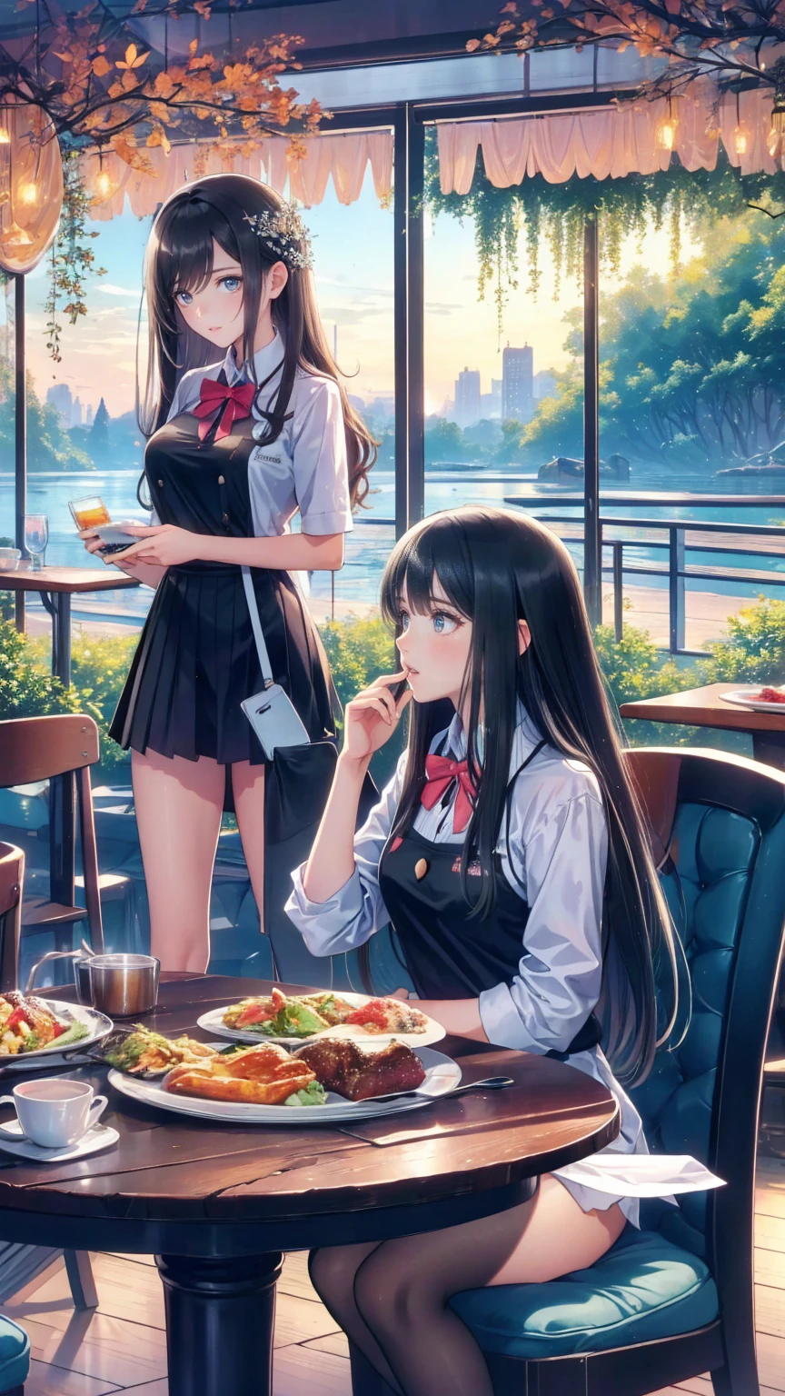  anime style . Landscape images. School cafeteria. Blonde、 long haired and blue-eyed girl without bangs、 wear a uniform、She （ is having a meal with her dark-haired girlfriend ） in the cafeteria .  is arguing about something 
