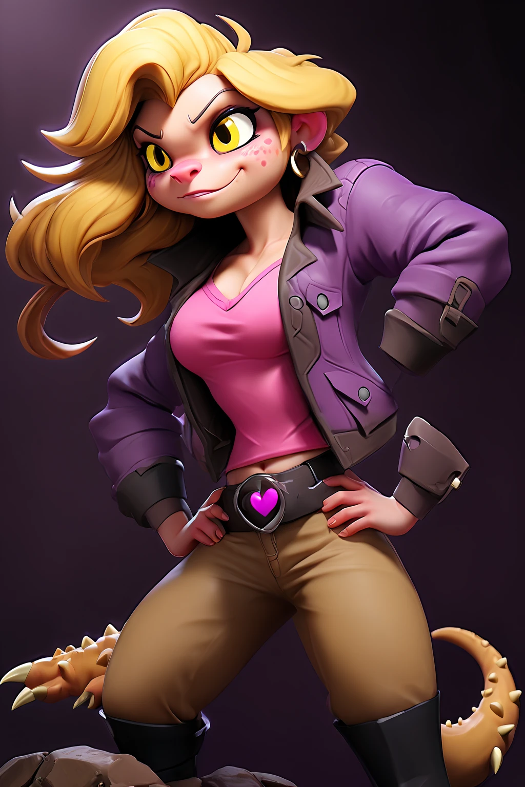 [susie], [Deltarune], [Uploaded to e621.net; (Pixelsketcher), (wamudraws), (woolrool)], ((masterpiece)), ((HD)), ((high res)), ((solo portrait)), ((front view)), ((feet visible)), ((scalie; anthro)), ((detailed fur)), ((detailed shading)), ((beautiful render art)), ((intricate details)), {anthro dinosaur; (athletic figure), purple scales, (reptile snout), (cute yellow eyes), (black pupil), (bags under eyes), (short eyelashes), (long messy brown hair), long lizard tail, (defined muscles), (medium boobs), (curvy hips), (thick thighs), (beautiful legs), (annoyed expression)}, {(black leather jacket), (purple shirt), (cleavage), (navel), (baggy hot-pink pants), (black boots), (gold heart-shaped belt buckle), (spiky bracers)}, {(standing), (arms at side), (looking at viewer)}, [background; (dark-purple cave), (cavern), (ruins), (ambient lighting)], (perfect round breasts) hyper breast implants, obsessed with breast implant get bigger, Breast get bigger,