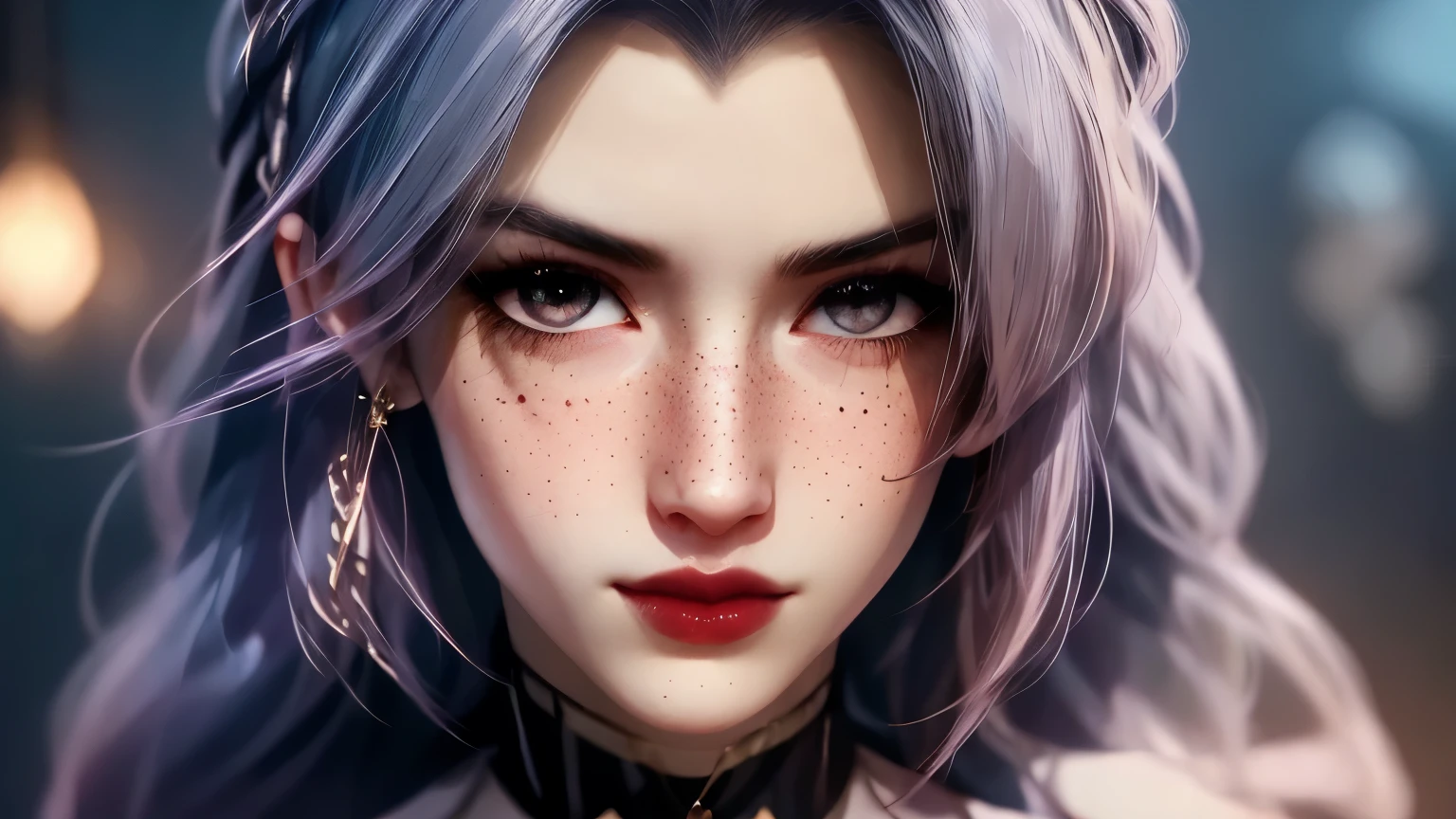 1girl, backlighting, bare shoulders, black choker, blurry, blurry background, blush, breasts, choker, cleavage, closed mouth, collarbone, earrings, forehead, freckles, hair over shoulder, jewelry, long hair, looking down, pointy nose, red lips, shadow, solo, thick eyebrows, thick eyelashes, upper body, white hair
, ((masterpiece))