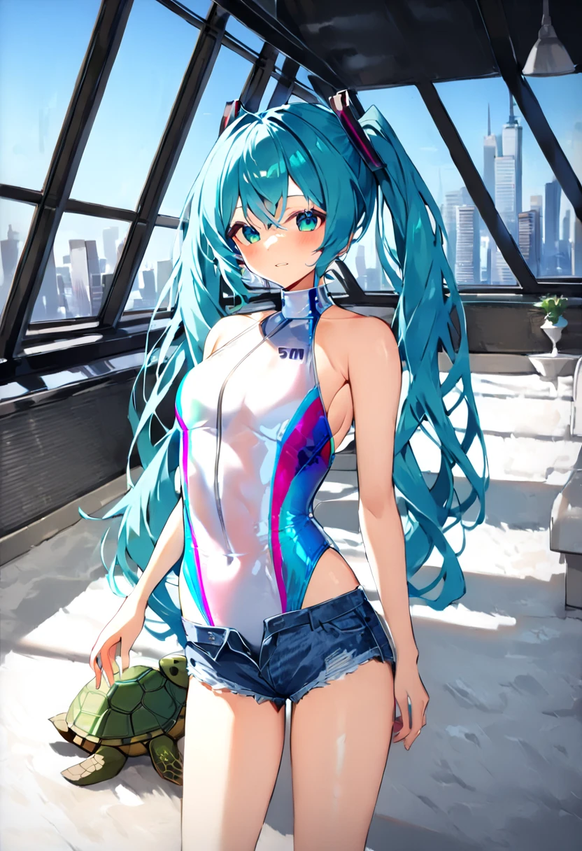 (hatsune miku:1.2), (iridescent camouflage competitive swimsuit, turtle neck:1.4), (jeans shorts, 501cutoff:1.4), (cowboy shot:1.4), (luxurious penthouse, indoor rooftop poolside:1.4),(cowboy shot:1.4), (luxurious penthouse, indoor rooftop office room, futuristic city:1.4), 