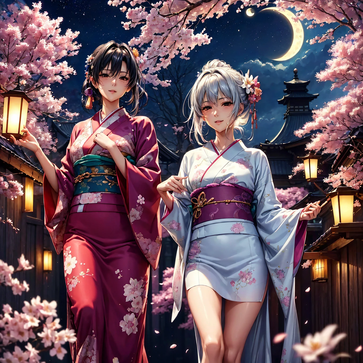 ((( top quality)))、((('s greatest masterpiece)))、Beauty Painting、 8k 、 Ultra High Quality、 perfect anatomy, 1 Female:Age 18、  BEAUTIFUL SLANDER BODY、 beautiful medium breasts、  beautiful faces:smile、 Silver Hair、 best skin and hair texture  、 wearing a beautiful floral kimono:I'm wearing a kimono with a beautiful floral pattern that shows my shoulders and thighs 、( Beautiful Waterside :Taki and Cherry Blossoms 、Night sky and moon、The lantern lights up )、  the wind is blowing、 movie lights,  High Res Images、 Overall view of the body 、