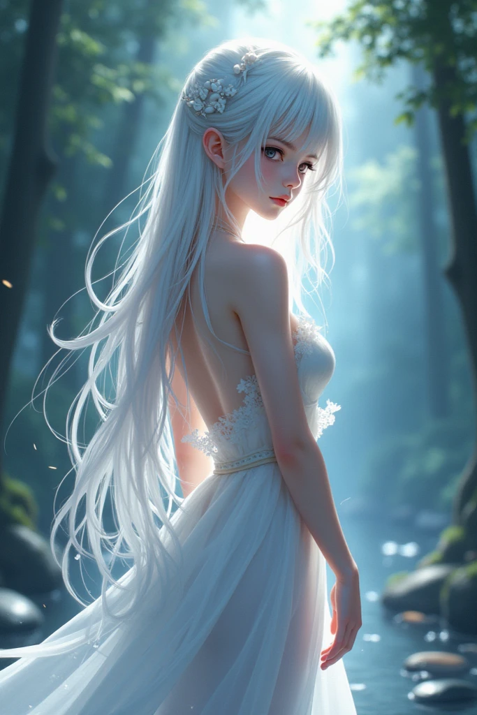 kawaii anime, a naked lonely girl with white hair walking in a dark jungle from the back