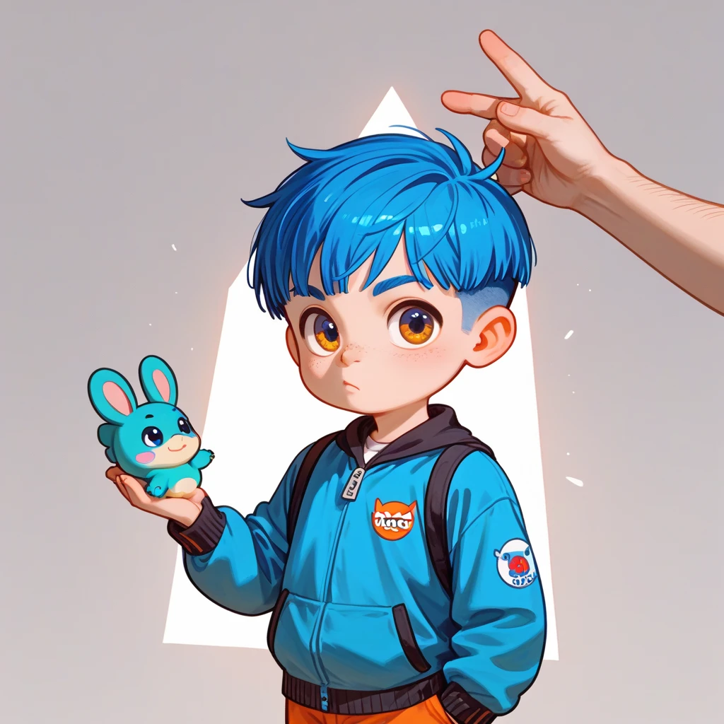 "A young boy with bright blue hair , pixie cut , bright skin, and the soft expression , wearing dinosaurs costum .  The boy standing.  The background is plain black , holding lolipop , gives full focus to the character of the boy chibi art ."