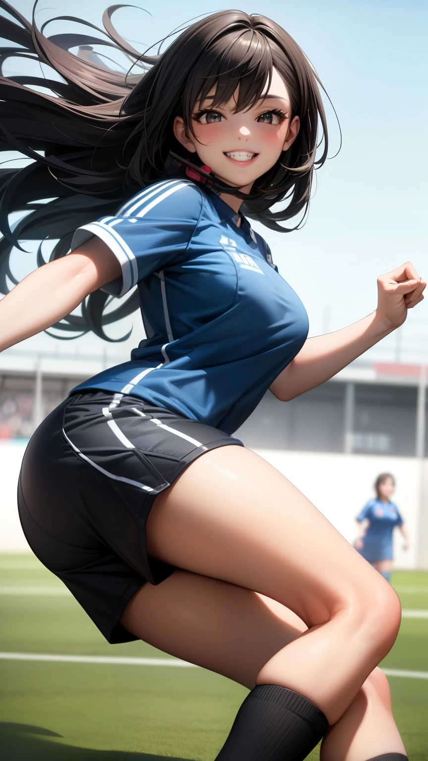 Black anime women, black hair tied up, wearing blue soccer kit, wearing soccer boots, on the stadium, kicking ball, nike soccer kit, blue, long tied hair, ager