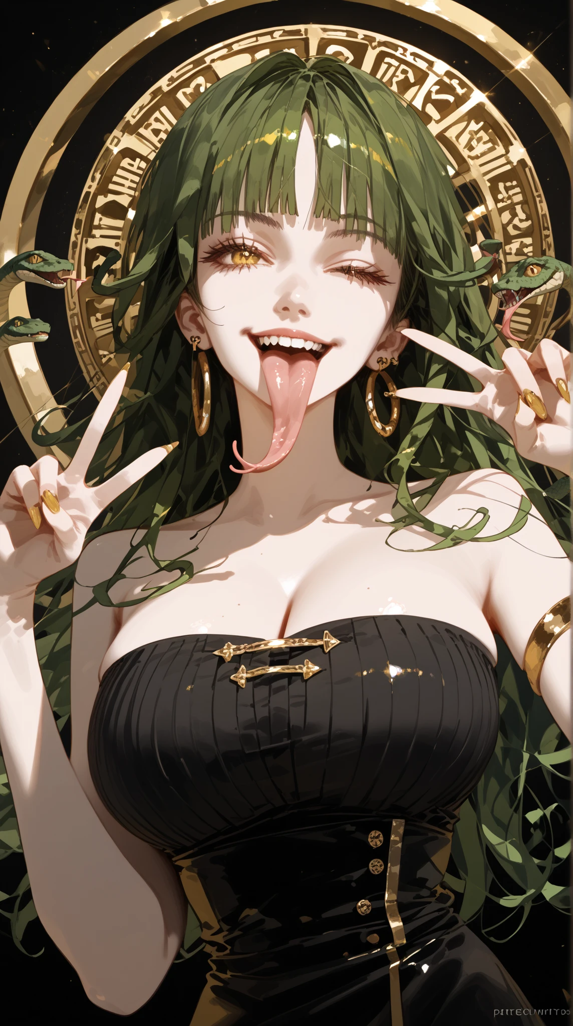 score_9, score_8_up, score_7_up, score_6_up, score_5_up, score_4_up,
BREAK
1girl, green scales, yellow eyes, wink, snake hair, green hair, light smile, slit pupils, long hair, straight hair, GOLD TONS OF BONE PIERCINGS , long tongue、Snake Tongue、split tongue、
BREAK
solo, portrait, huge breasts, peace sign, black tube top, strapless, gold trim,
 BREAK
old bedroom background, Detailed background, realistic, cowboy shot, 