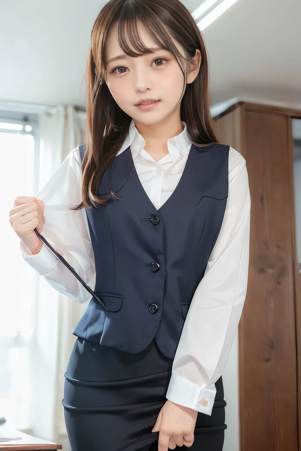 (( officeで誘惑してる若い美しい女性)) ,18age 、((( sexy)))、((( embarrassing ))), ((Open your mouth))、(( enchanting smile)). ((8k, high detail 、 masterpiece、 High Quality ))、Woman wearing a Japanese office lady uniform 、(Dark blue vest、Young beautiful woman in dark blue pencil skirt , white blouse), (depth of field, from below)、(( beautiful faces)), ( perfect anatomy), (Small and slim、 beautiful breasts 、Sharp small face )、(( undress、outcrop))、 office