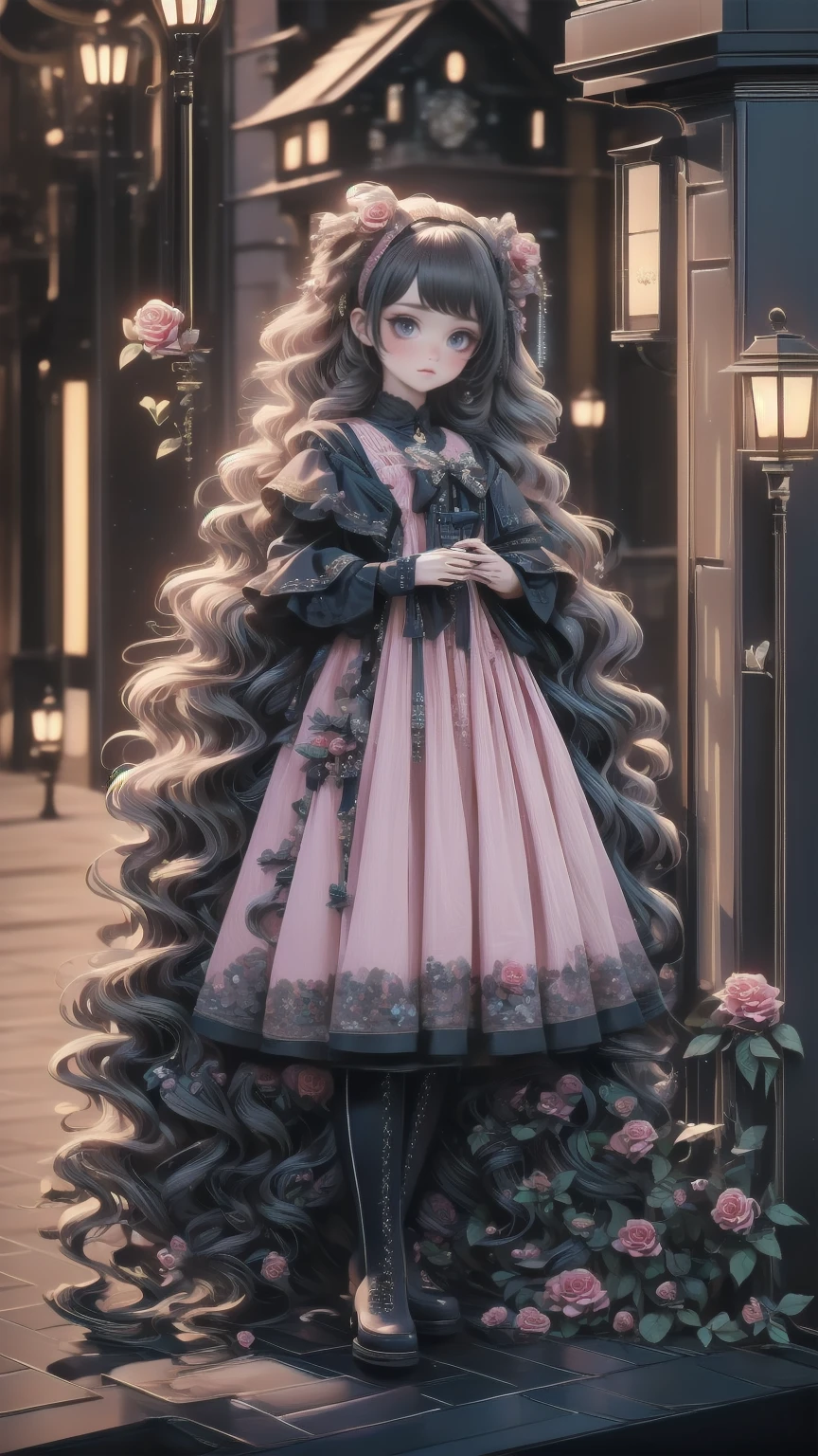 ( masterpiece : 1.2), (   very detailed: 1.2), (   very detailed CG: 1.2), (    high image quality : 1.2), (最    high image quality ), 8k,   animated illustration   , 、   beautiful girl  、とても   cute天使、   pink gothic dress 、   cute、*********、smile、   long skirt、   Black Long Boots   、   grey pink pants ，Turquoise Eye，   cute女性 *****，street，   Candy Store   ， sign，European Buildings，slate paved   ，Rose flower，
