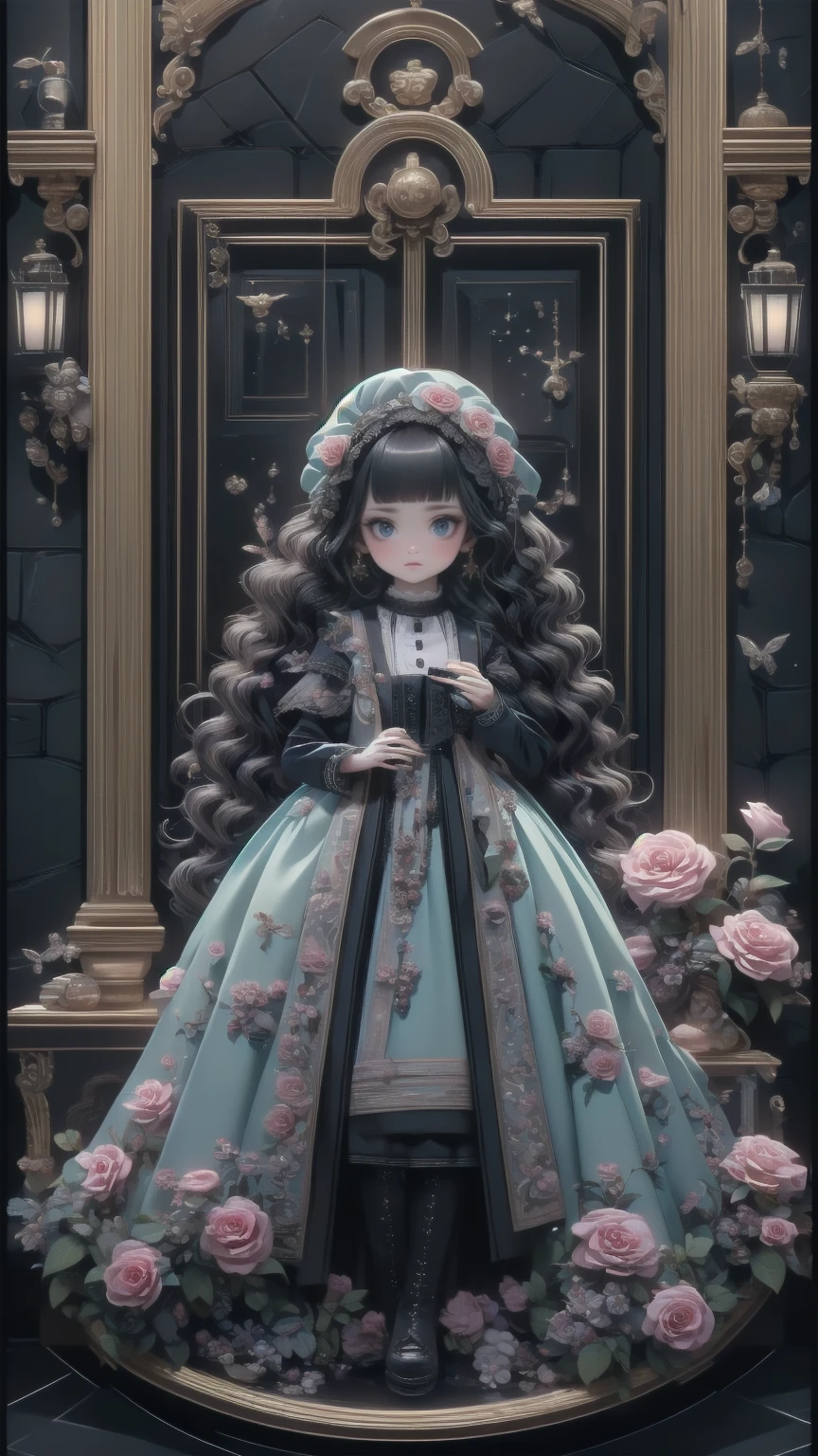 ( masterpiece : 1.2), (   very detailed: 1.2), (   very detailed CG: 1.2), (    high image quality : 1.2), (最    high image quality ), 8k,   animated illustration   , 、   beautiful girl  、とても   cute天使、   pink gothic dress 、   cute、*********、smile、   long skirt、   Black Long Boots   、   grey pink pants ，Turquoise Eye，   cute女性 *****，street，   Candy Store   ， sign，European Buildings，slate paved   ，Rose flower，
