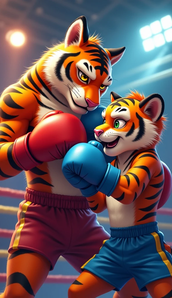 (ultra detailed), a beautiful and detailed full-size portrait of a majestic Tigre anthro, wearing boxing gloves, ((sweat dripping from its body)), ((muscular build with defined abs and biceps)), ((realistic texture and fur)), ((detailed eyes with intense gaze and expressive eyebrows)), ((boxing stance with one paw raised and the other clutching the gloves)), miniature forest setting with lush greenery and sunlight peeking through, boxing ring in the background, detailed background, high definition (4k or 8k), artistic shading and lighting, trending on ArtStation, Foxovh, Kenket, Ruan Jia, Ross Tran.