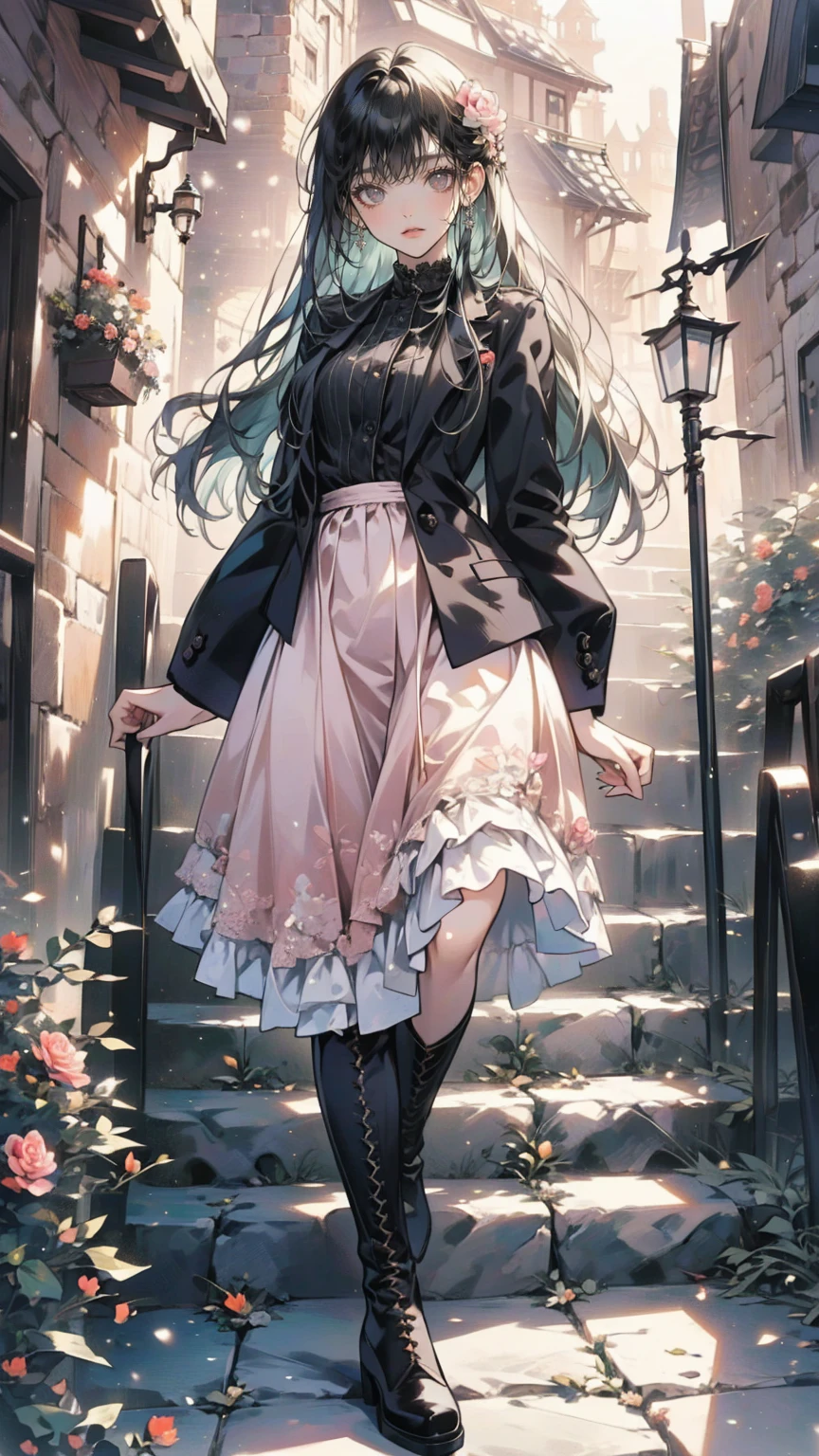 ( masterpiece : 1.2), (   very detailed: 1.2), (   very detailed CG: 1.2), (    high image quality : 1.2), (最    high image quality ), 8k,   animated illustration   , 、   beautiful girl  、とても   cute天使、   pink gothic dress 、   cute、*********、smile、   long skirt、   Black Long Boots   、   grey pink pants ，Turquoise Eye，   cute女性 *****，street，   Candy Store   ， sign，European Buildings，slate paved   ，Rose flower，
