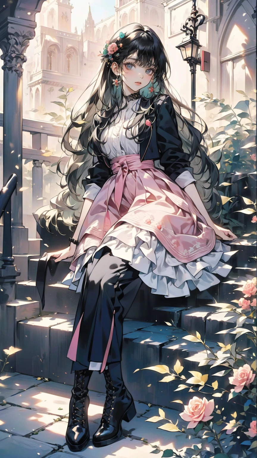 ( masterpiece : 1.2), (   very detailed: 1.2), (   very detailed CG: 1.2), (    high image quality : 1.2), (最    high image quality ), 8k,   animated illustration   , 、   beautiful girl  、とても   cute天使、   pink gothic dress 、   cute、*********、smile、   long skirt、   Black Long Boots   、   grey pink pants ，Turquoise Eye，   cute女性 *****，street，   Candy Store   ， sign，European Buildings，slate paved   ，Rose flower，
