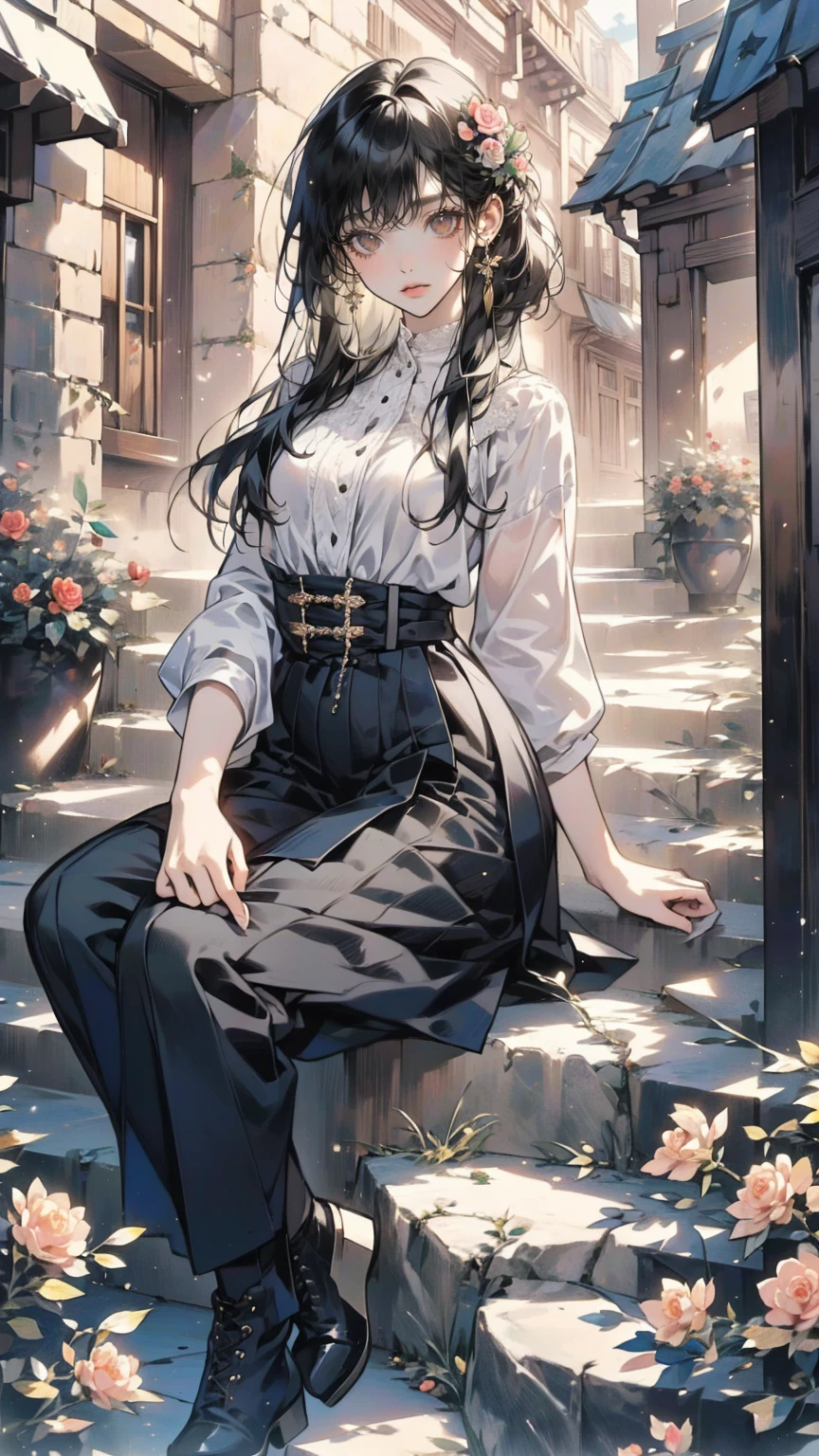 ( masterpiece : 1.2), (   very detailed: 1.2), (   very detailed CG: 1.2), (    high image quality : 1.2), (最    high image quality ), 8k,   animated illustration   , 、   beautiful girl  、とても   cute天使、   pink gothic dress 、   cute、*********、smile、   long skirt、   Black Long Boots   、   grey pink pants ，Turquoise Eye，   cute女性 *****，street，   Candy Store   ， sign，European Buildings，slate paved   ，Rose flower，
