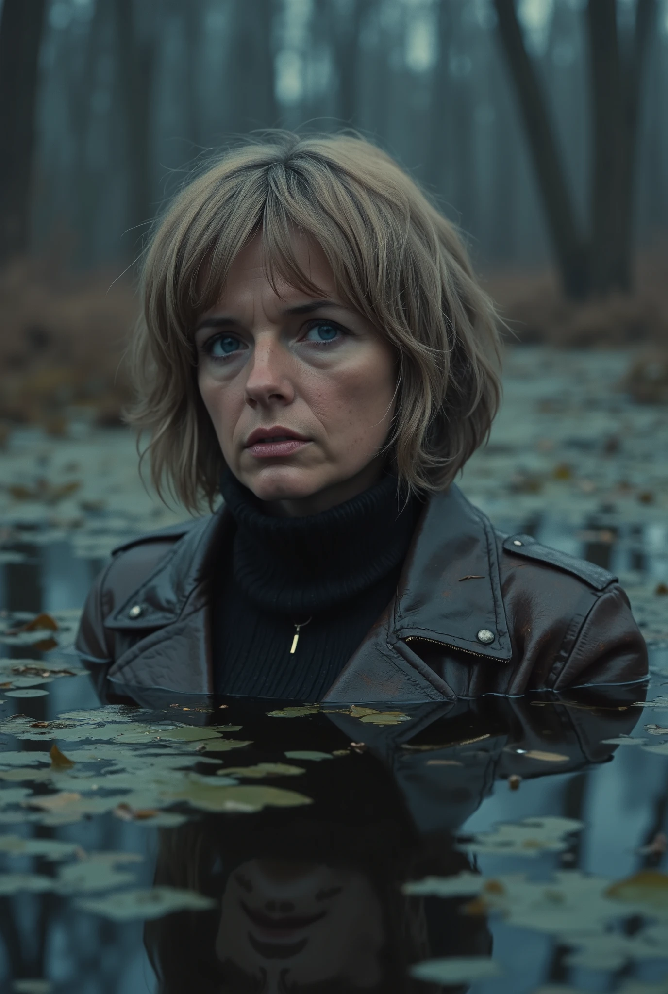 (  top quality ,4K,  tan line  ,  realistic), a portrait of sick tired whore mature mom,   plunged into a deep swamp , turtleneck, a washed leather jacket  ,  Accessories ,   wild and eerie Scandinavian environment  , dark and mysterious  ,  misty dramatic atmosphere  ,  soft lighting  ,bright colors,A reflection in a swamp polluted  duckweed, bob-cut, lust passion