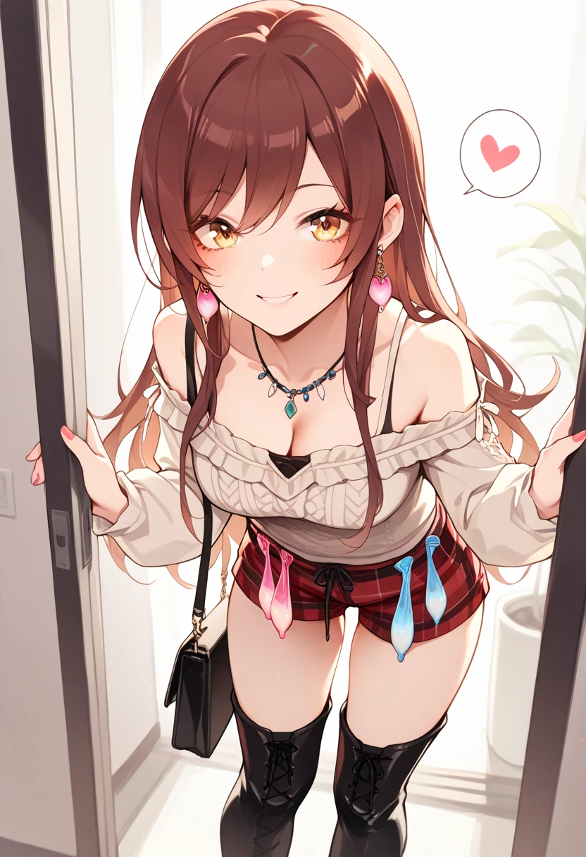 1girl,osaki amana,idolmaster shiny colors, bare shoulders, boots, breasts, brown hair, cleavage, collarbone,, handbag, heart, jewelry, leaning forward, long hair, long sleeves, medium breasts, nail polish, necklace, official costume, official hairstyle, plaid clothes, plaid shorts, shorts, smile, speech bubble, spoken heart, swept bangs, thigh boots, yellow eyes ,asutora,hara fuyuki,ruo zhishi chu jian,yueko \(jiayue wu\),colis,masterpiece, best quality, amazing quality, very aesthetic, absurdres,newest,huge filesize,playing sex , sex appeal , multiple condoms , many used condoms , condoms , with condom belt , with condom earring , condom belt