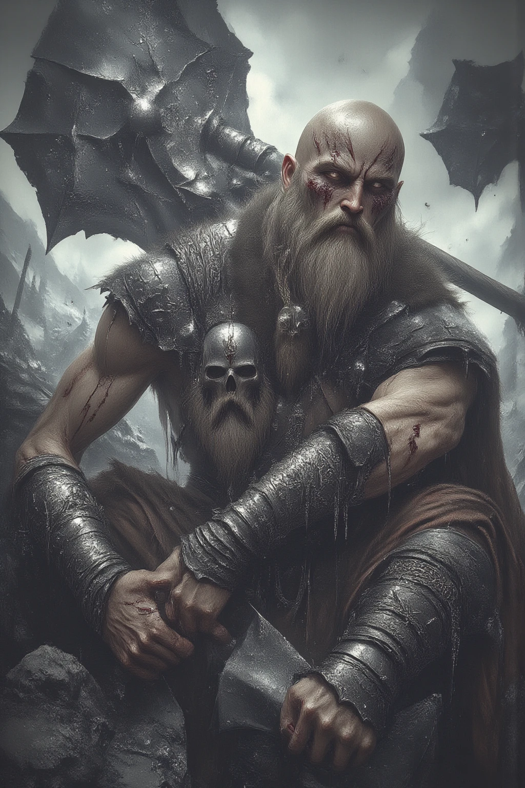(Highly detailed: 1.2), (Best quality Canon Eos R6: 1.2), (8k: 1.0), (Dynamic Stance: 1.2), masterpiece, best quality, god Odin Norse mythology, mythological wearing, age 75, very muscular, huge, gray hair, bald, scarred, warrior, barbarian, mythological dystopia, (lots of blood: 1.0), mythological dystopia Corpses, heads human, arms and blood.