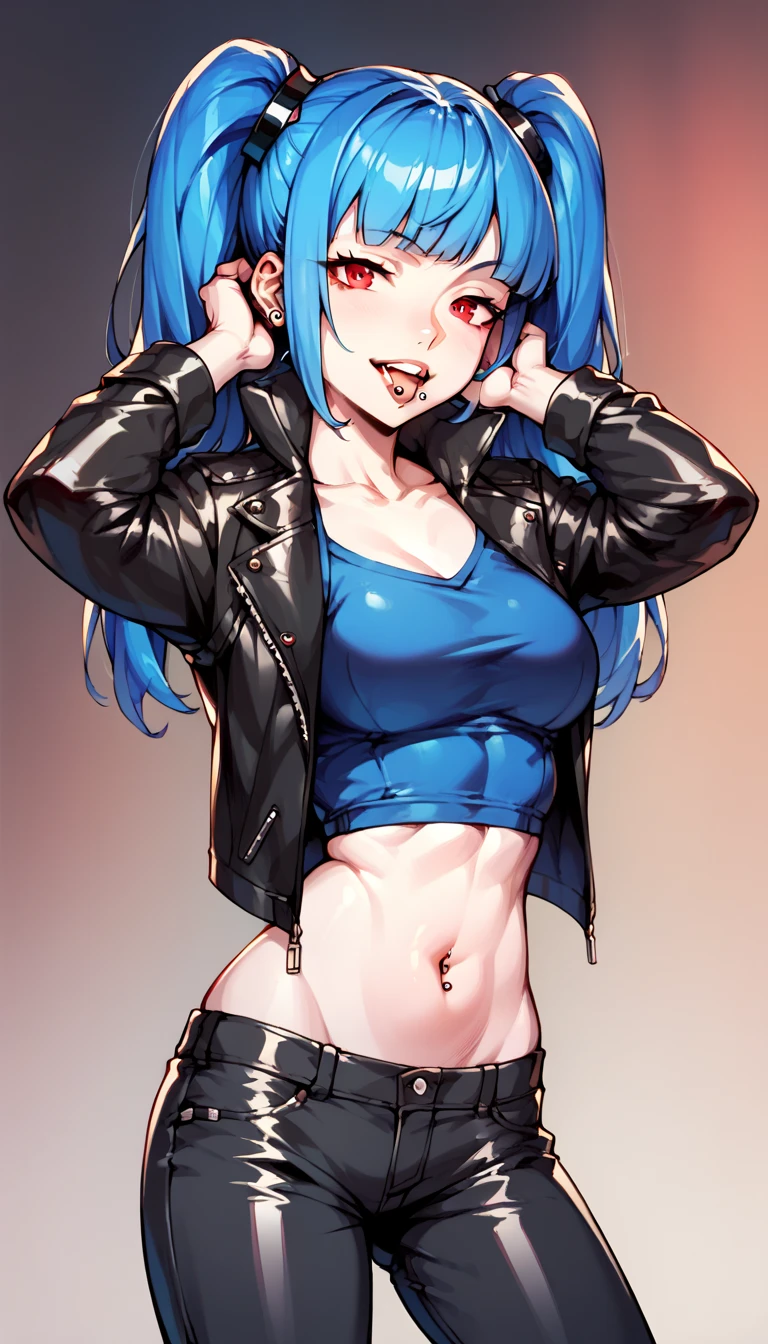  Bright blue hair 　  Princess Cut　  twin tails　 red eyes　tongue piercing　 belly button piercing 　  leather jacket 　 leather pants 　 belly button out  