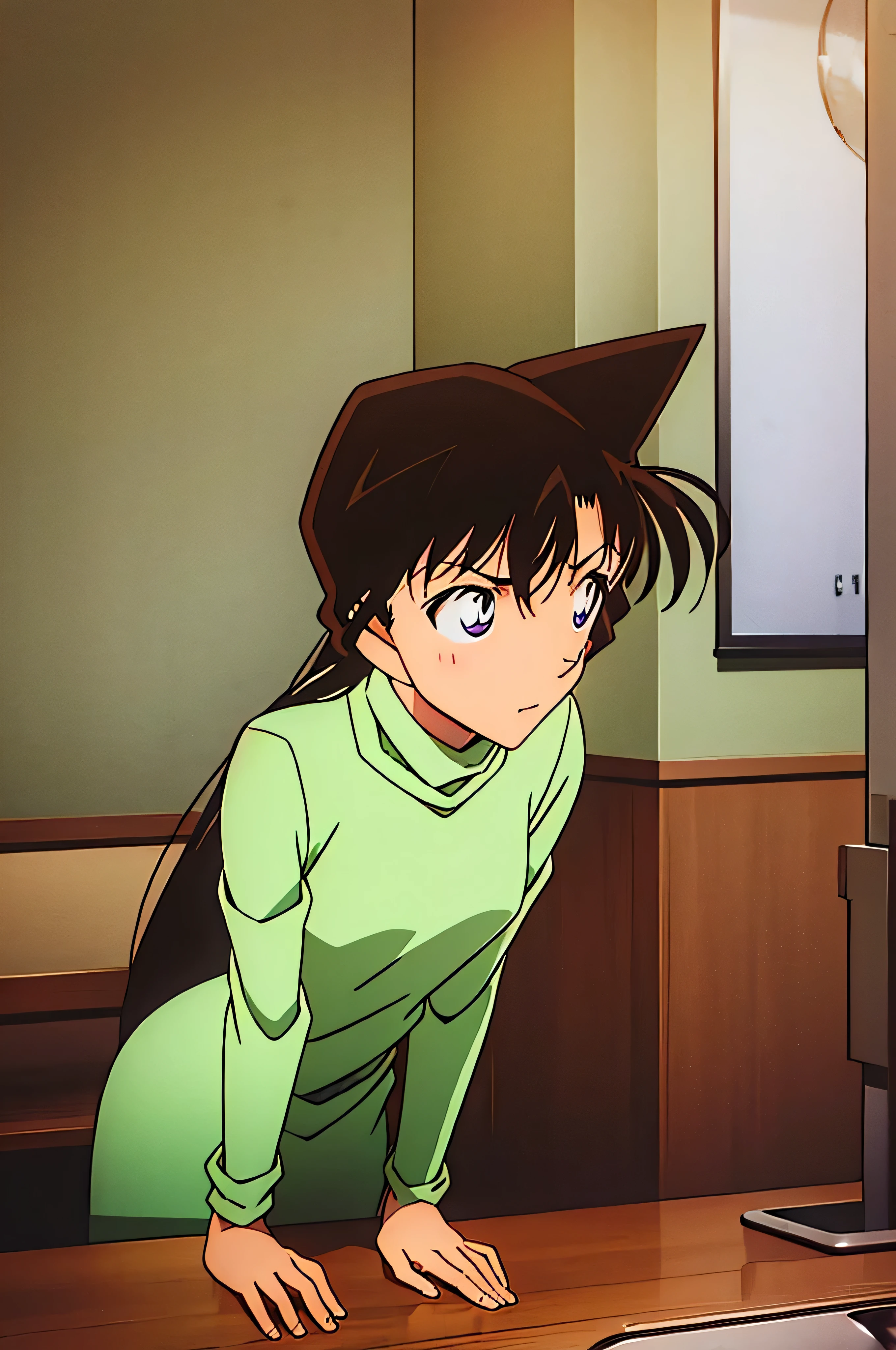  1girl、{{{mouri ran}}}, {{{meitanntei conan}}}, {{{long hair}}}, {{{official style}}}, {{{adult}}}, tight green dress (turtleneck, simple, long sleeves),（light green cropped short coat jacket）,green
socks,kitchen,bringing upper body to the sink, open, leaning forward, emphasizing the buttocks, butt to the front、A painful look