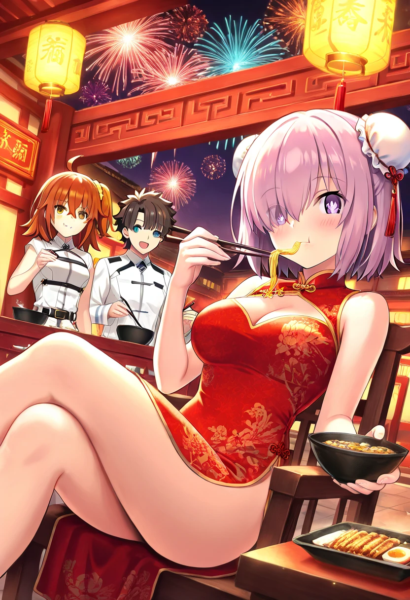 breasts, looking at viewer, blush, smile, short hair, open mouth, blue eyes, multiple girls, large breasts, black hair, hair ornament, 1boy, dress, holding, 2girls, cleavage, bare shoulders, sitting, purple eyes, purple hair, ahoge, food, alternate costume, hair bun, orange hair, hair over one eye, official alternate costume, clothing cutout, double bun, chinese clothes, eating, red dress, cleavage cutout, crossed legs, china dress, light purple hair, side slit, bowl, lantern, chopsticks, bun cover, fireworks, holding chopsticks, paper lantern, chinese new year, mash kyrielight, fujimaru ritsuka \(female\), fujimaru ritsuka \(male\)