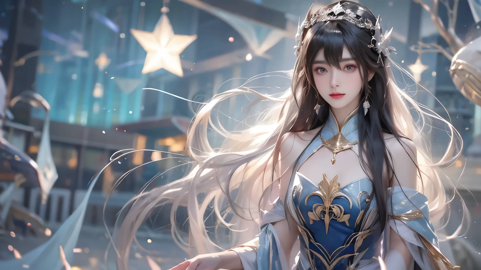 Highest quality, Super quality, 16K, Incredibly absurd, Very detailed, 2.5D, delicate and dynamic, Small faint lights and flying fireflies, night, Starry Sky, milky way, nebula, shooting star,,erotic, sole sexy lady, healthy shaped body, 22 years old lady, 170cm tall, huge firm bouncing busts, Colorful stripes of light, A long dress with a complex structure, Colorful dress, arctic fox, Fox Dance