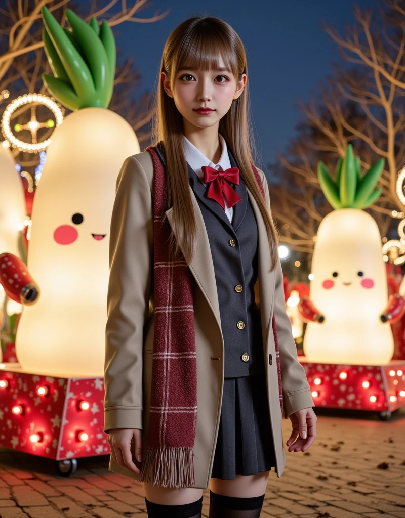 ultra-realistic, photorealistic, dramatic scene, shadow, global-illumination, solo, (teenage Japanese famous idol girl), very beautiful fragile Japanese girl, very beautiful with very cute but boyish cool face, (very large breasts), slim waist, (wearing a gray colored Japanese high school cute uniform of white shirt with blazer and skirt), (red ribbon), (stylish winter coat), (cute checked red woolen scarf), (glove), (She is wearing dark navy tights), (very large breasts), upper body shot, (She is standing and looking at the Daikon Character-Themed Electrical Parade at the amusement park), daikon\(cute, medium long, very large, chubby, white daikon radish character, green leaves on the top, smiled simple cute face, short hands and foot\), (A lively and fun daikon parade with glittering lights and many daikon radish characters on the float), (The floats in the daikon radish Electrical Parade were beautifully decorated with lights), (at night), A few autumn leaves can be seen among the leafless trees, she looks so happy, happy smile, professional lighting,