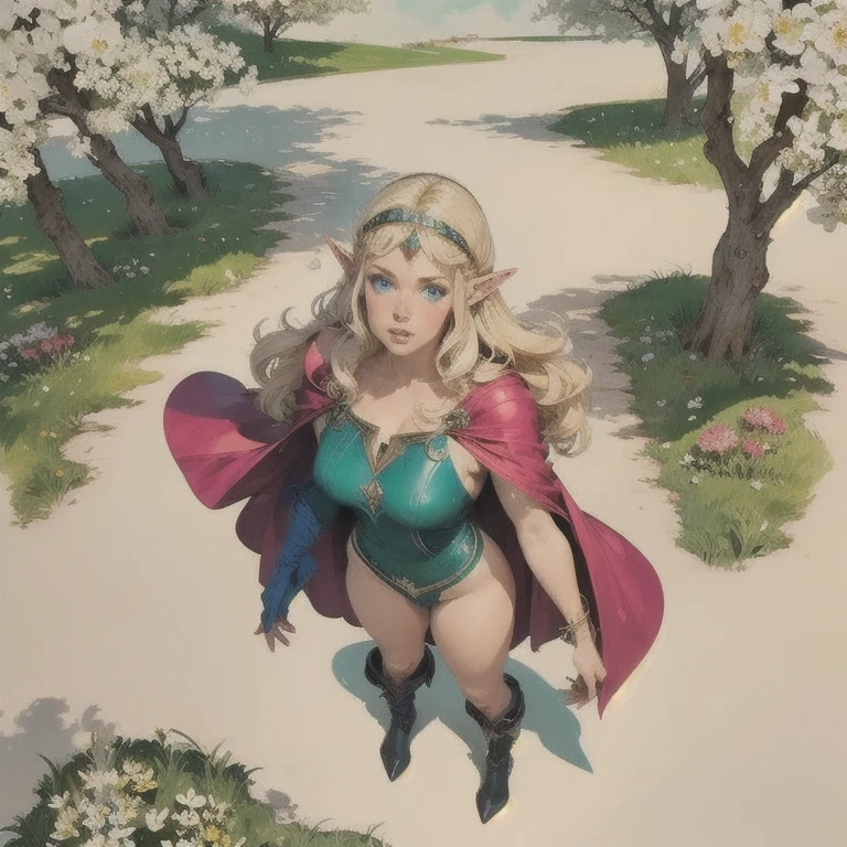 1 ,deedlit,Alone,pointy ears,  long hair , blonde hair,shezfe ,goblin,cape,Blue cape, blue eyes,boots,From above,circlet,very  long hair , shoulder armor , parted lips , looking at the spectator, white background,Retro style, traditional media ,scenery the forest and around it Goblins 