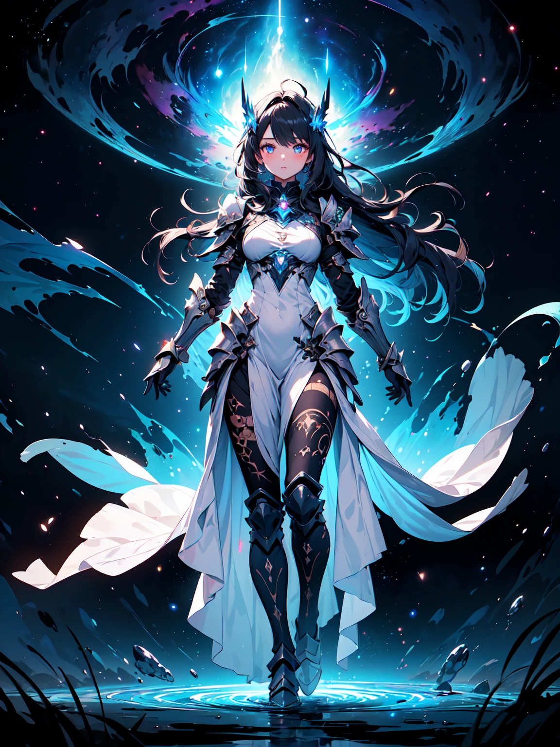 Prompt for SeaArt:
Character: Verónica Elizabeth, The Guardian of the Arcane and Eternal Night
Description:
 * Pose: Standing in a powerful, commanding pose, with wings slightly unfurled.
 * Lighting: Dramatic, with strong contrasts between light and shadow.
 * Background: A dark, mysterious setting, perhaps a moonlit forest or an ancient library.
 * Mood: Ethereal, powerful, and slightly ominous.
 * Focus: The character's face, with a particular emphasis on the eyes and the mask.
Additional Notes:
 * Color Palette: Dark tones with accents of silver and blue.
 * Details: Ensure the intricate details of the costume and the corrupted halo are visible.
 * Transformation: Consider including a secondary image or a partial view of Verónica transformed into a wolf.
Overall: The image should capture Verónica's enigmatic and powerful nature, while also hinting at her dark history and the corrupted halo she bears.
