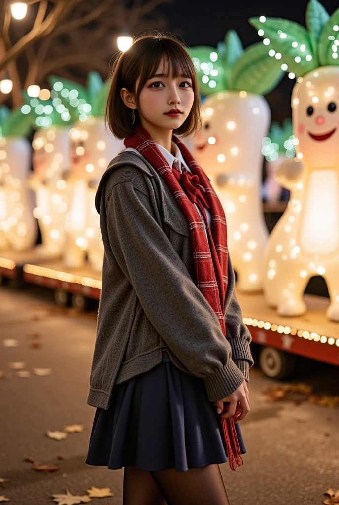 ultra-realistic, photorealistic, dramatic scene, shadow, global-illumination, solo, (teenage Japanese famous idol girl), very beautiful fragile Japanese girl, very beautiful with very cute but boyish cool face, (very large breasts), slim waist, (wearing a gray colored Japanese high school cute uniform of white shirt with blazer and skirt), (red ribbon), (stylish winter coat), (cute checked red woolen scarf), (glove), (She is wearing dark navy tights), (very large breasts), upper body shot, (She is standing and looking at the Daikon Character-Themed Electrical Parade at the amusement park), daikon\(cute, medium long, very large, chubby, white daikon radish character, green leaves on the top, smiled simple cute face, short hands and foot\), (A lively and fun daikon parade with glittering lights and many daikon radish characters on the float), (The floats in the daikon radish Electrical Parade were beautifully decorated with lights), (at night), A few autumn leaves can be seen among the leafless trees, she looks so happy, happy smile, professional lighting,